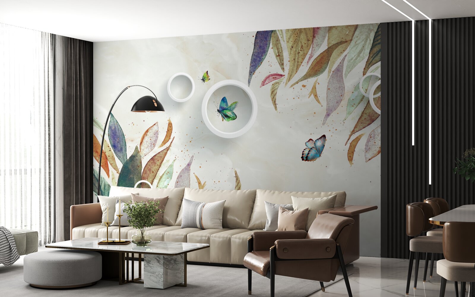 Papier peint feuilles d'automne et papillons