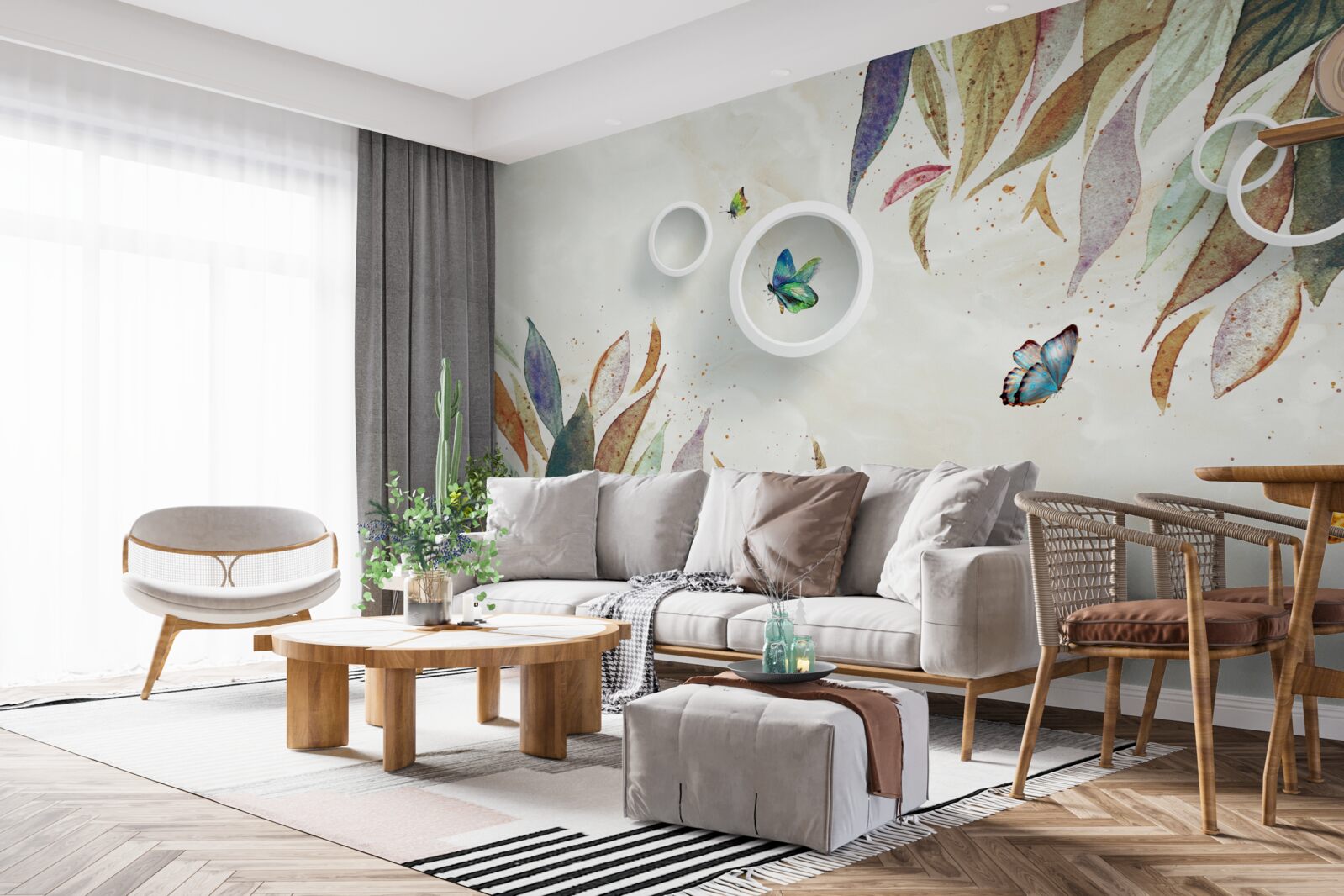 Papier peint feuilles d'automne et papillons