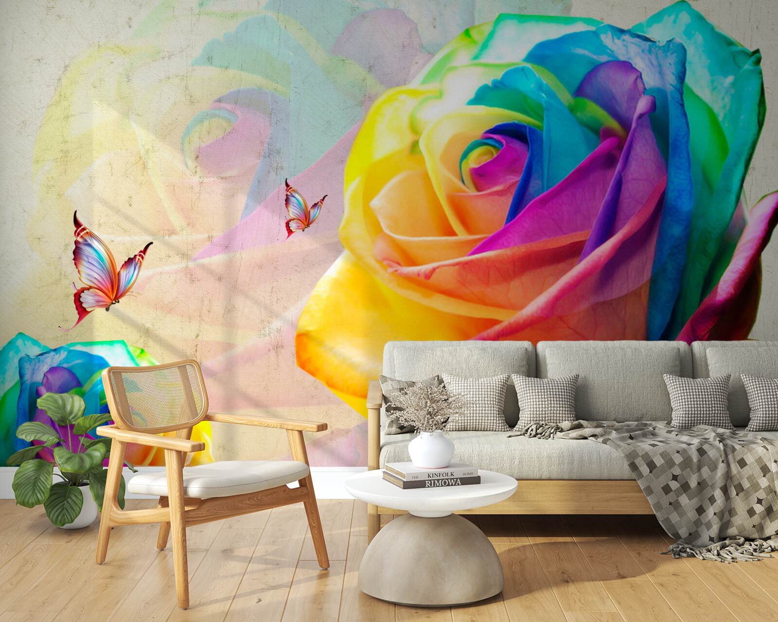 Papier peint rose aux couleurs de l'arc-en-ciel