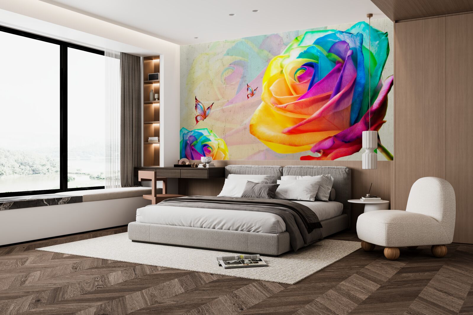 Papier peint rose aux couleurs de l'arc-en-ciel