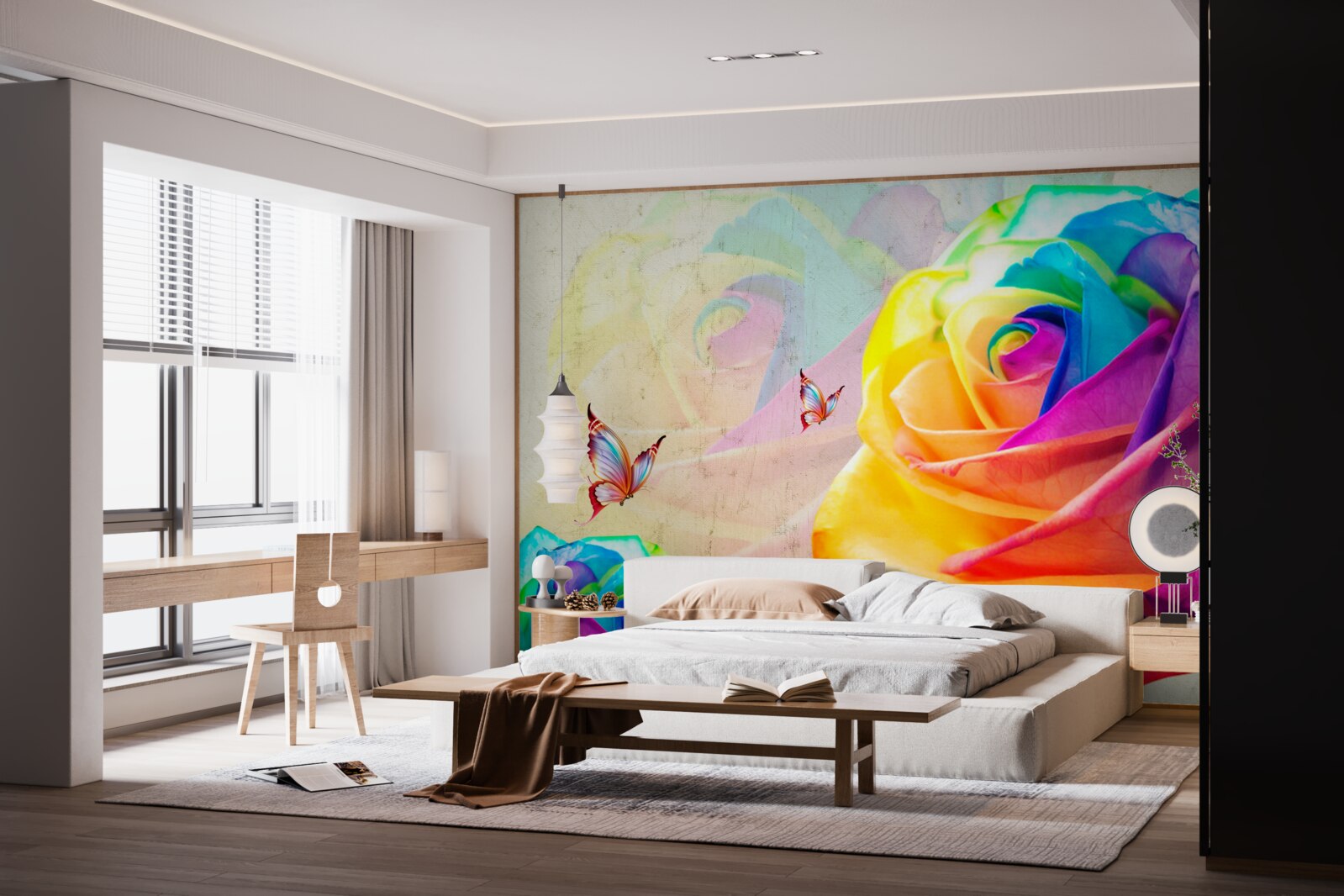 Papier peint rose aux couleurs de l'arc-en-ciel