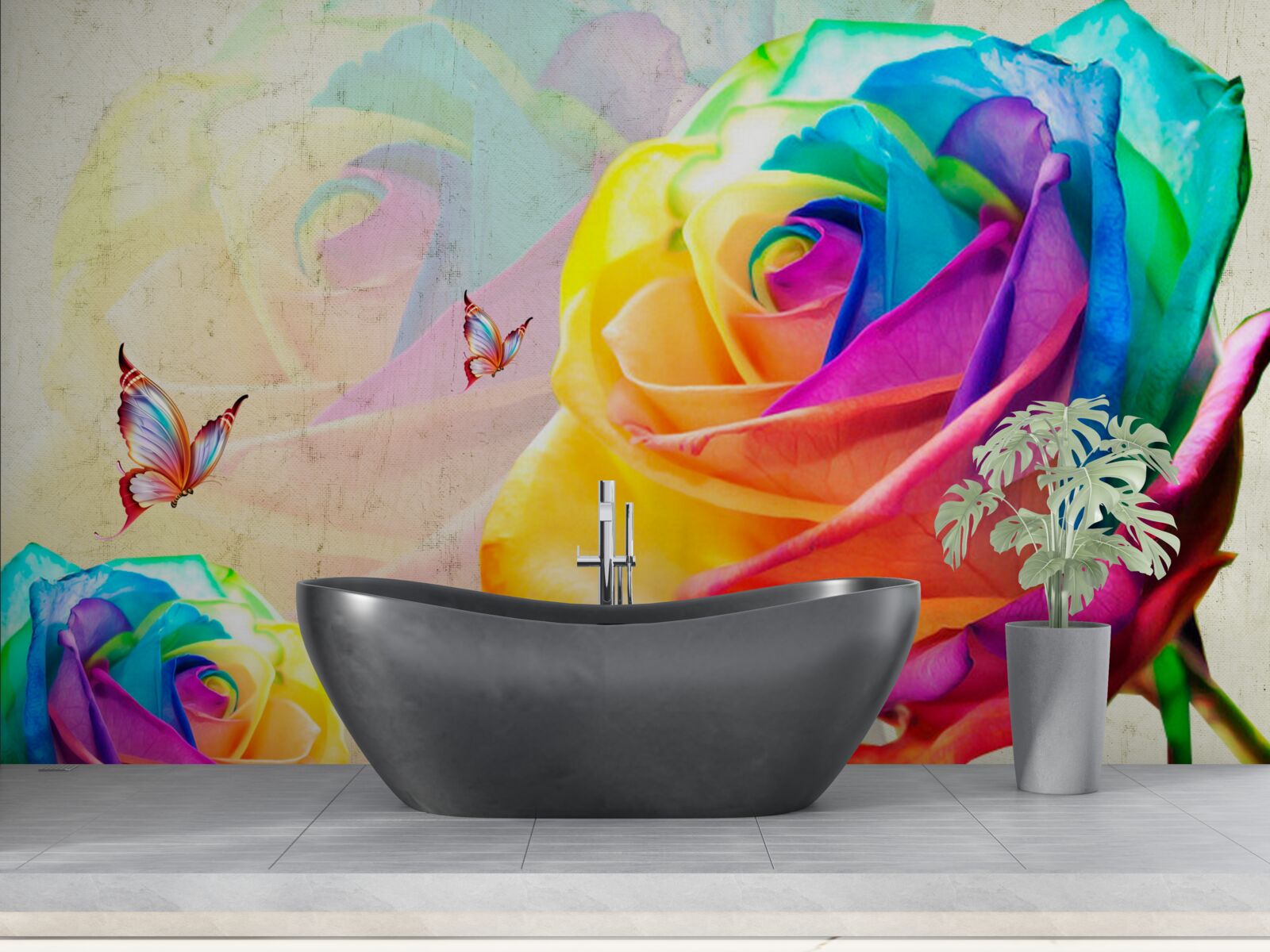 Papier peint rose aux couleurs de l'arc-en-ciel