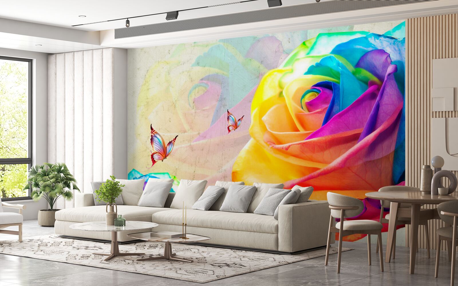 Papier peint rose aux couleurs de l'arc-en-ciel