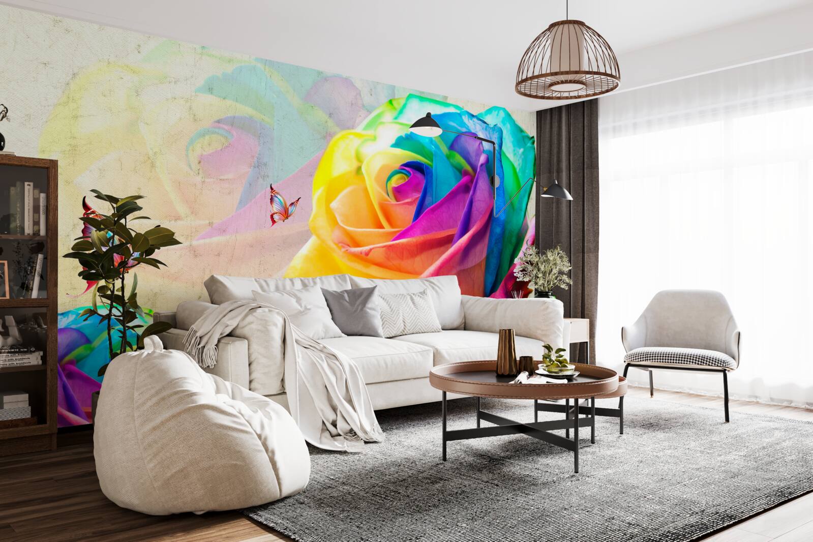 Papier peint rose aux couleurs de l'arc-en-ciel