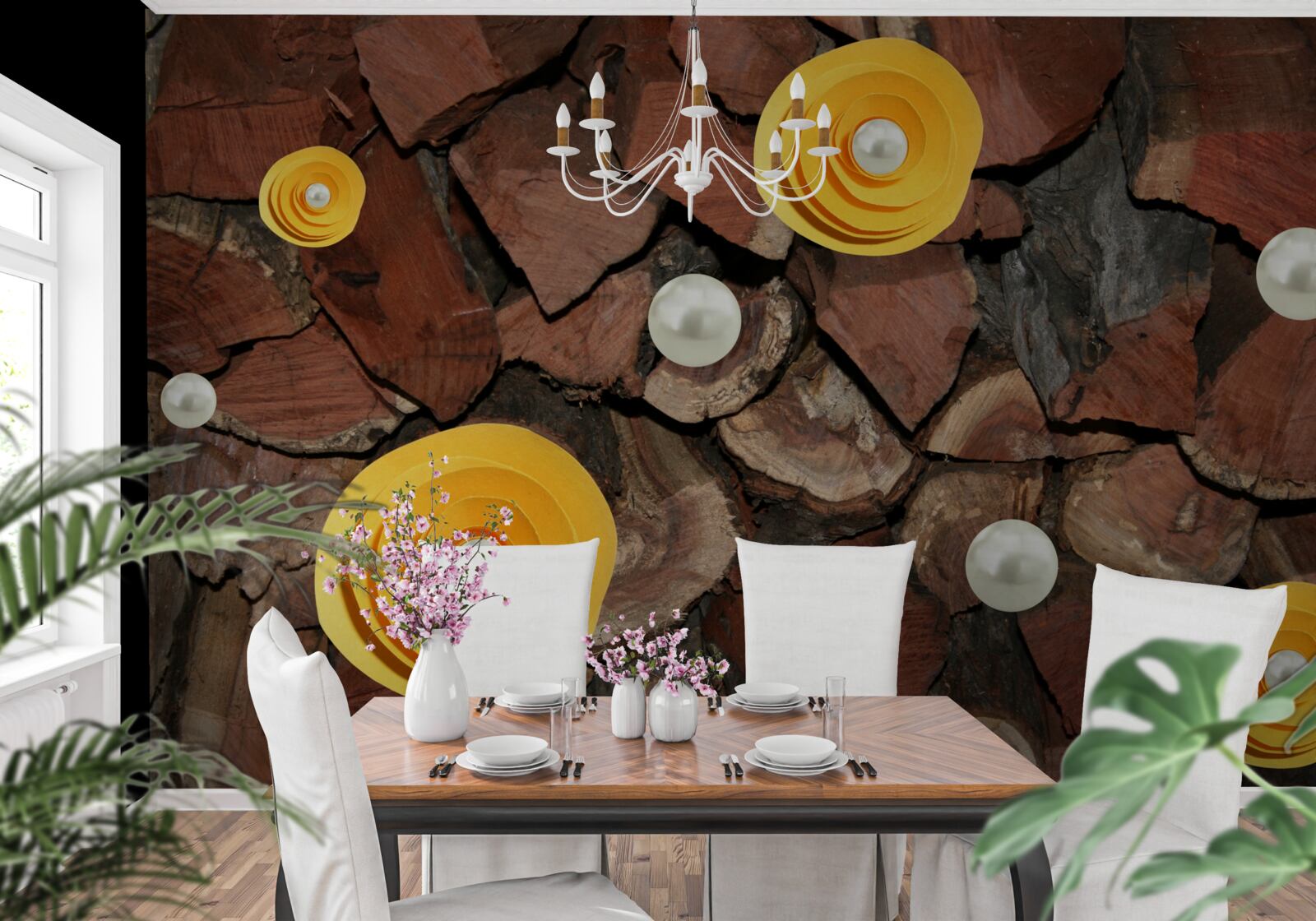 Papier peint fleurs, perles et morceaux de bois de couleur jaune