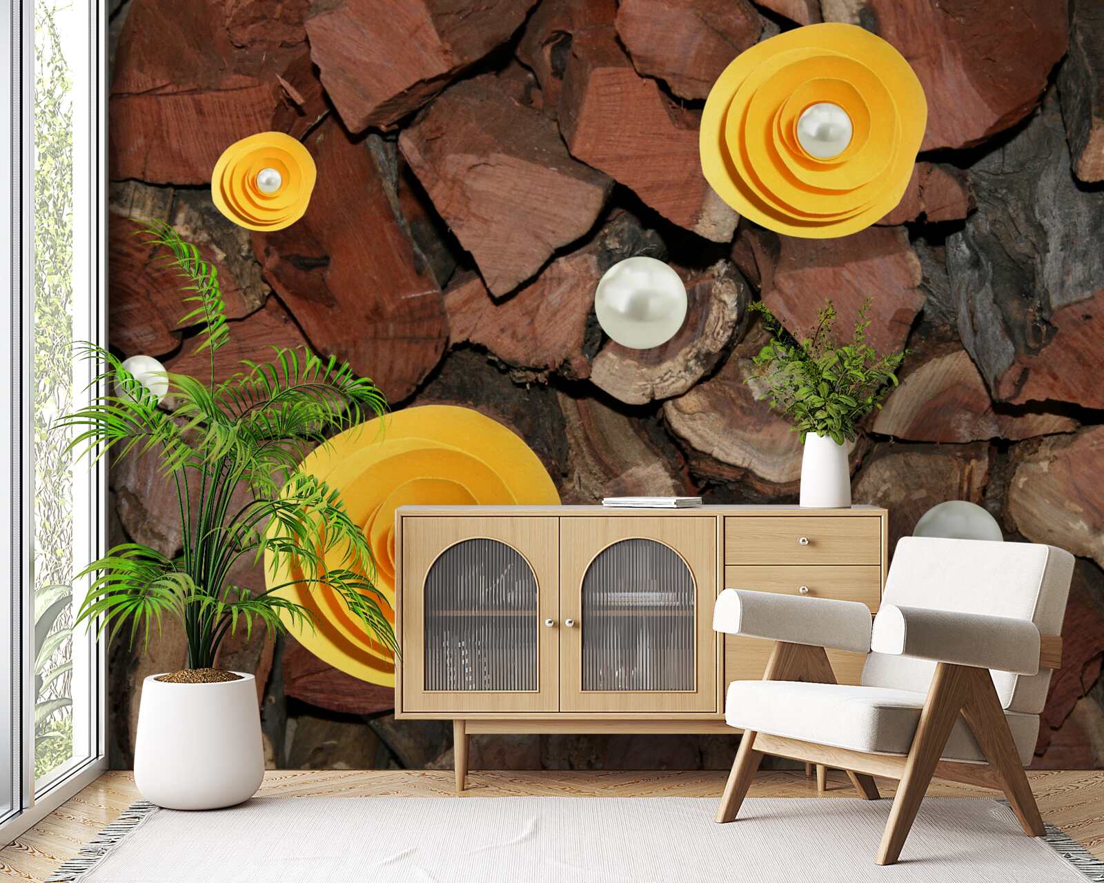 Papier peint fleurs, perles et morceaux de bois de couleur jaune