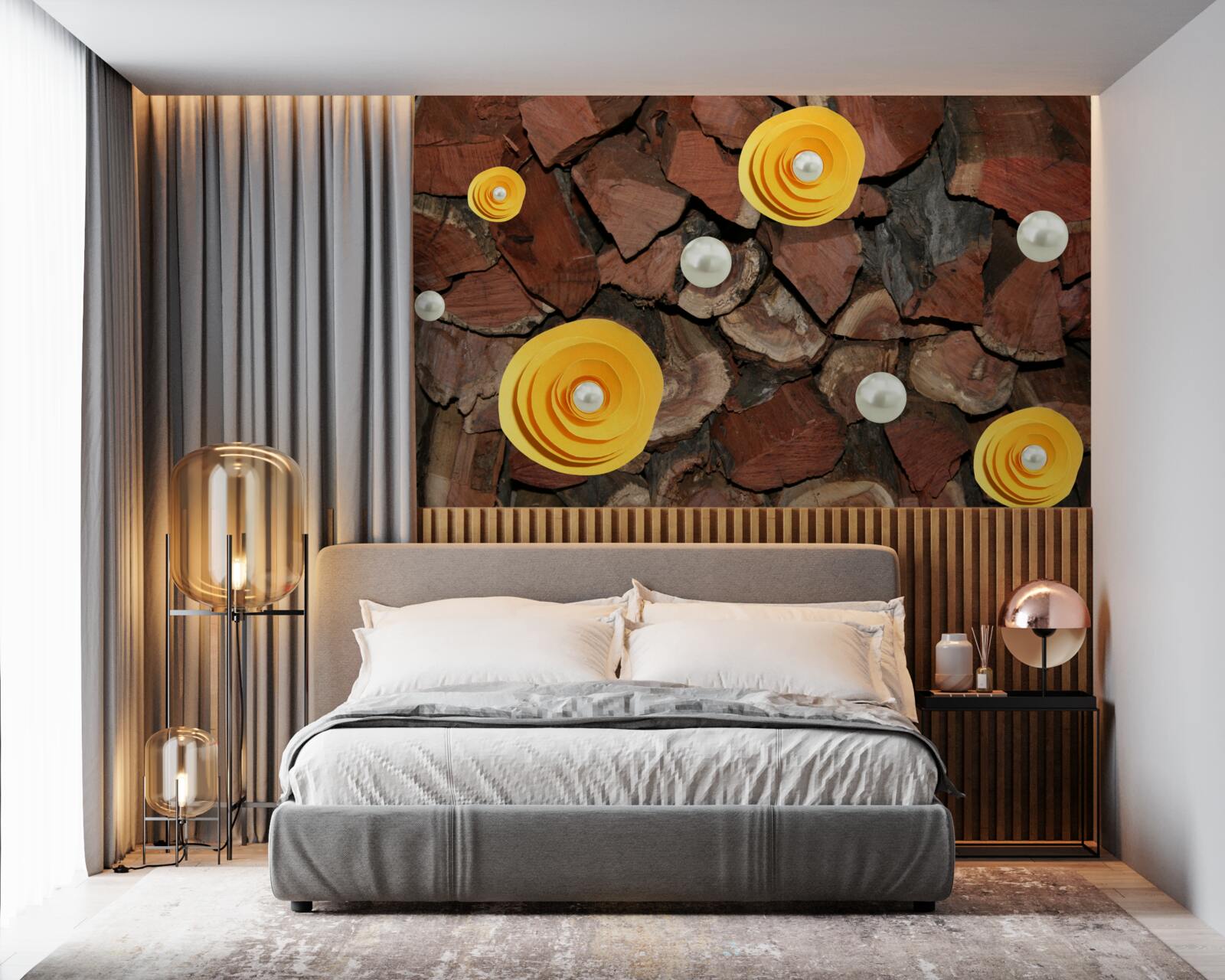 Papier peint fleurs, perles et morceaux de bois de couleur jaune