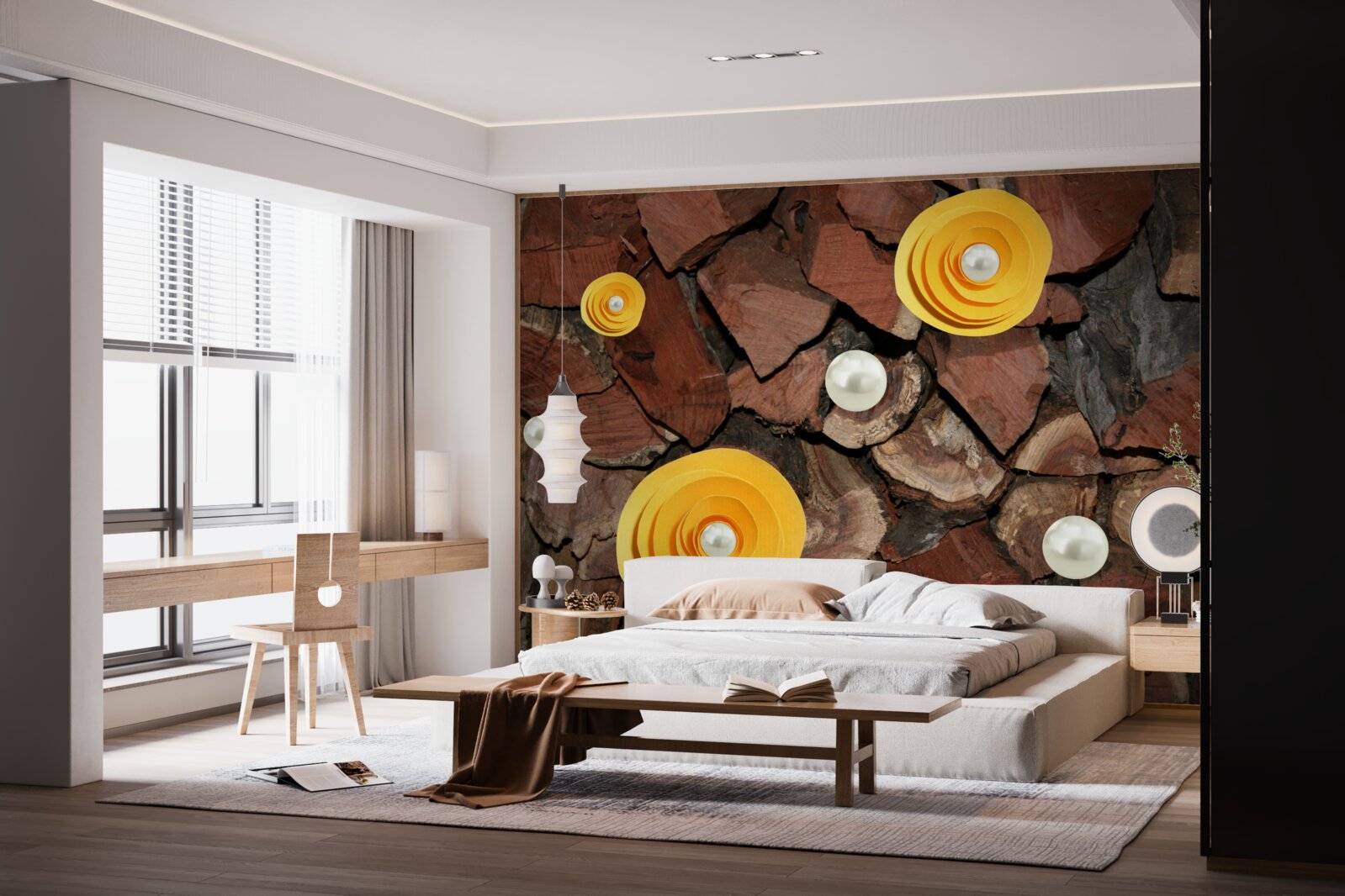 Papier peint fleurs, perles et morceaux de bois de couleur jaune