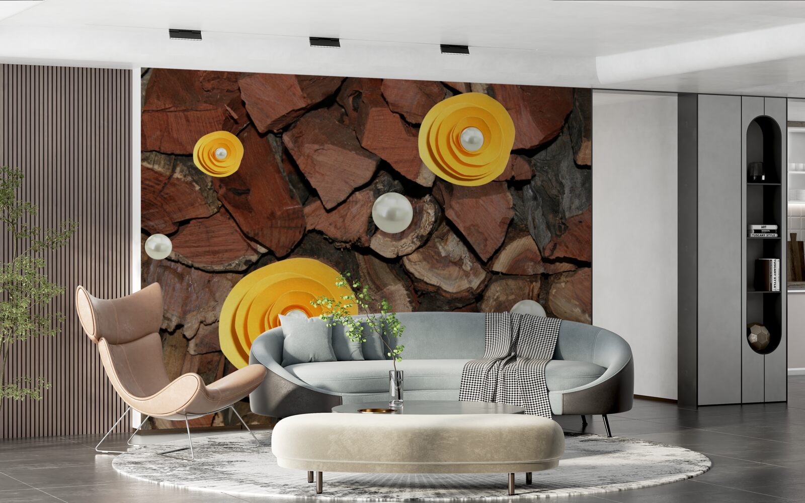 Papier peint fleurs, perles et morceaux de bois de couleur jaune