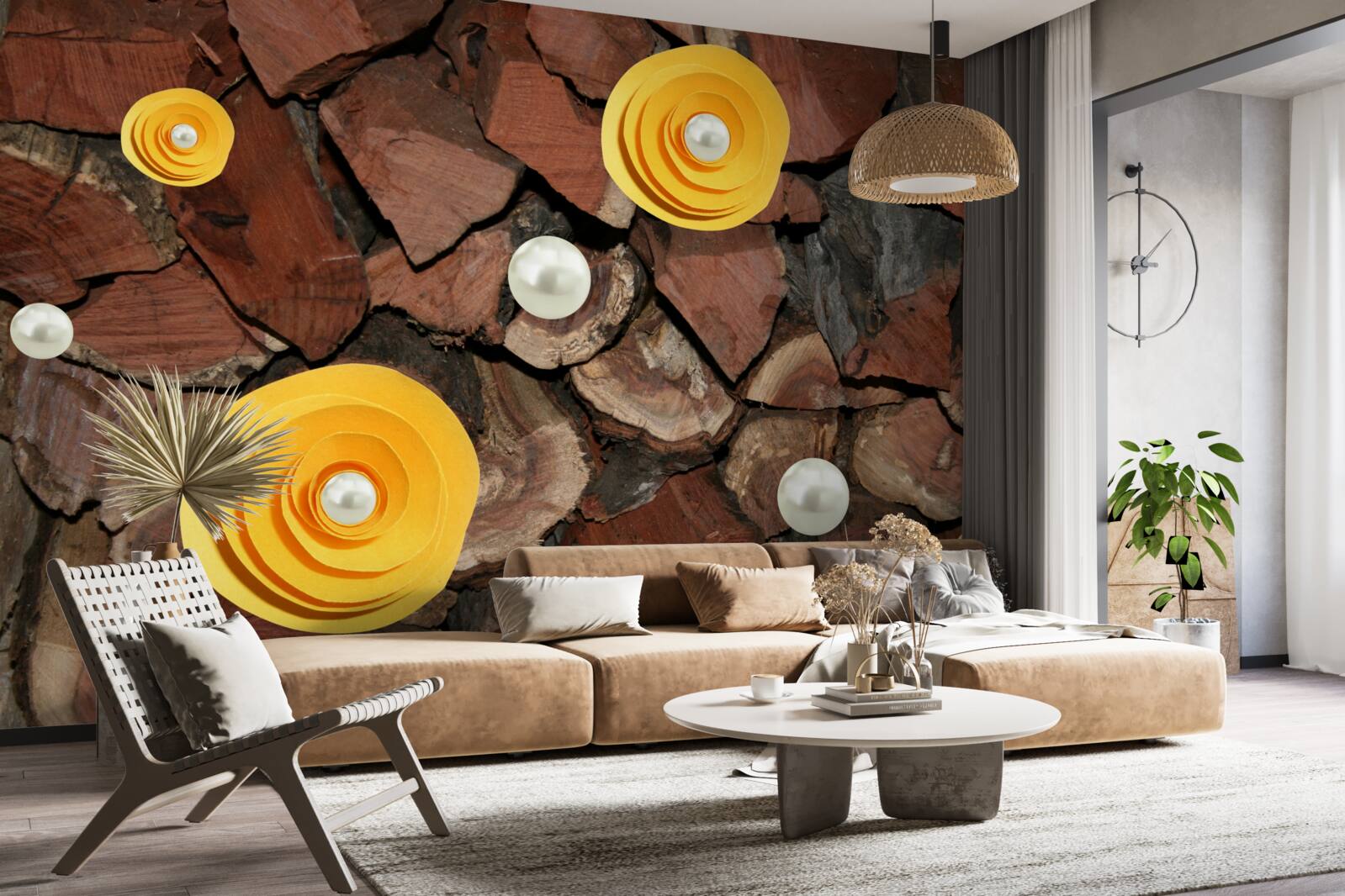 Papier peint fleurs, perles et morceaux de bois de couleur jaune