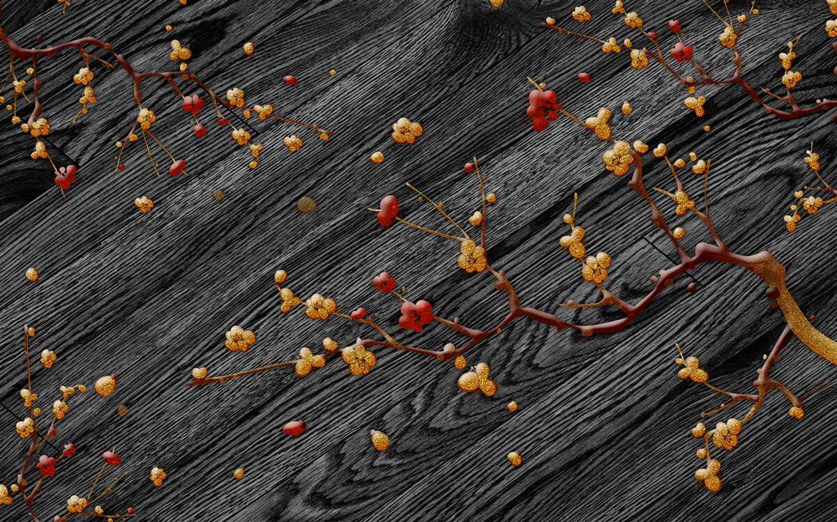 Papier peint branche de magnolia, dorée après le coucher du soleil