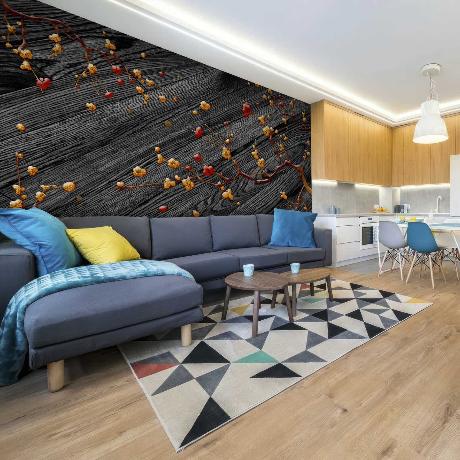 Papier peint branche de magnolia, dorée après le coucher du soleil