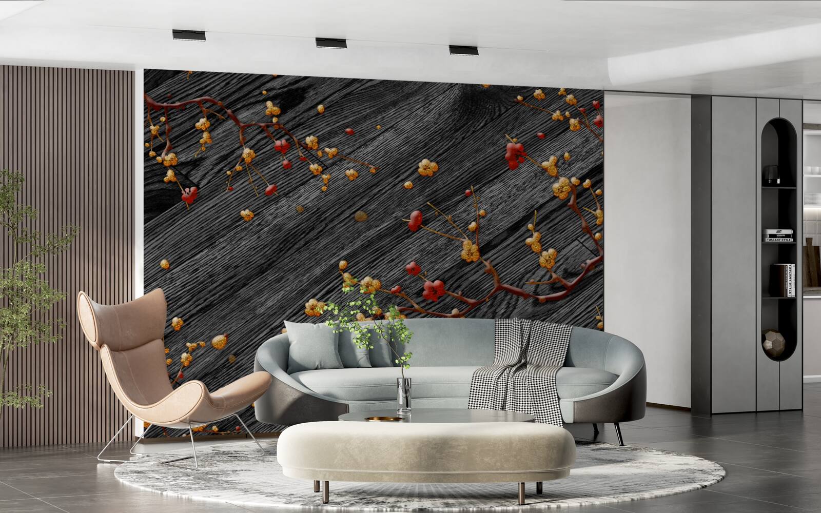 Papier peint branche de magnolia, dorée après le coucher du soleil