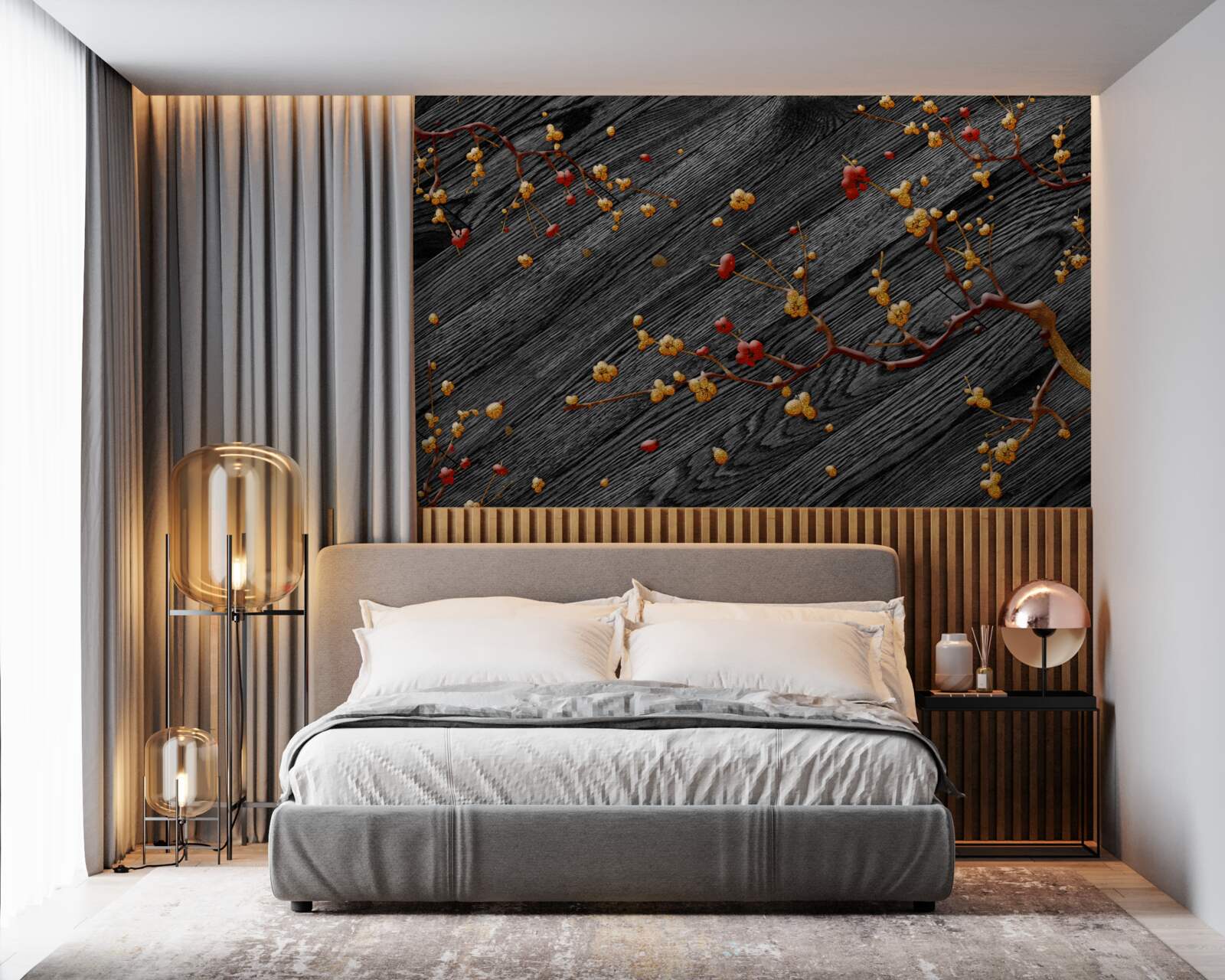 Papier peint branche de magnolia, dorée après le coucher du soleil