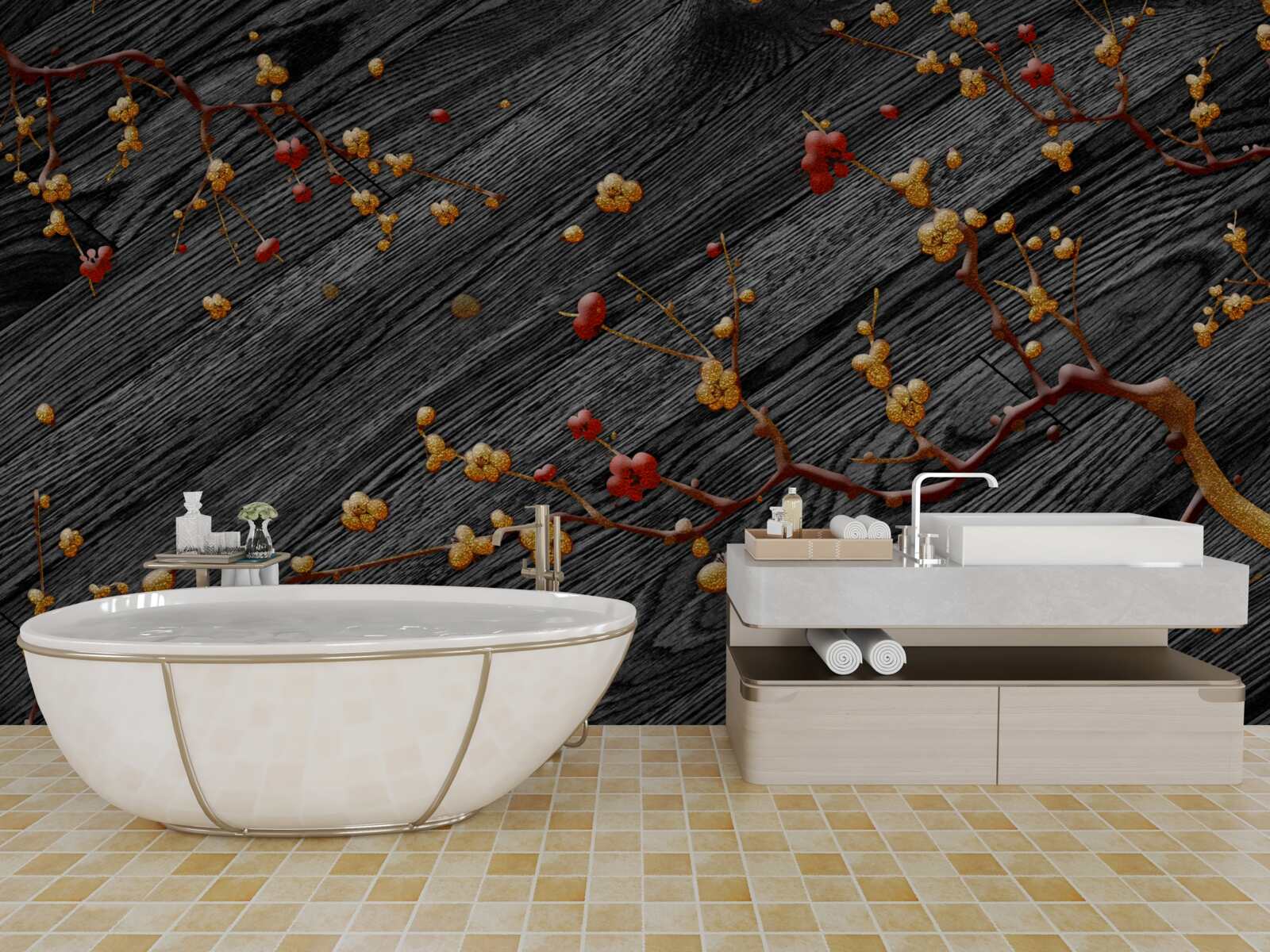 Papier peint branche de magnolia, dorée après le coucher du soleil