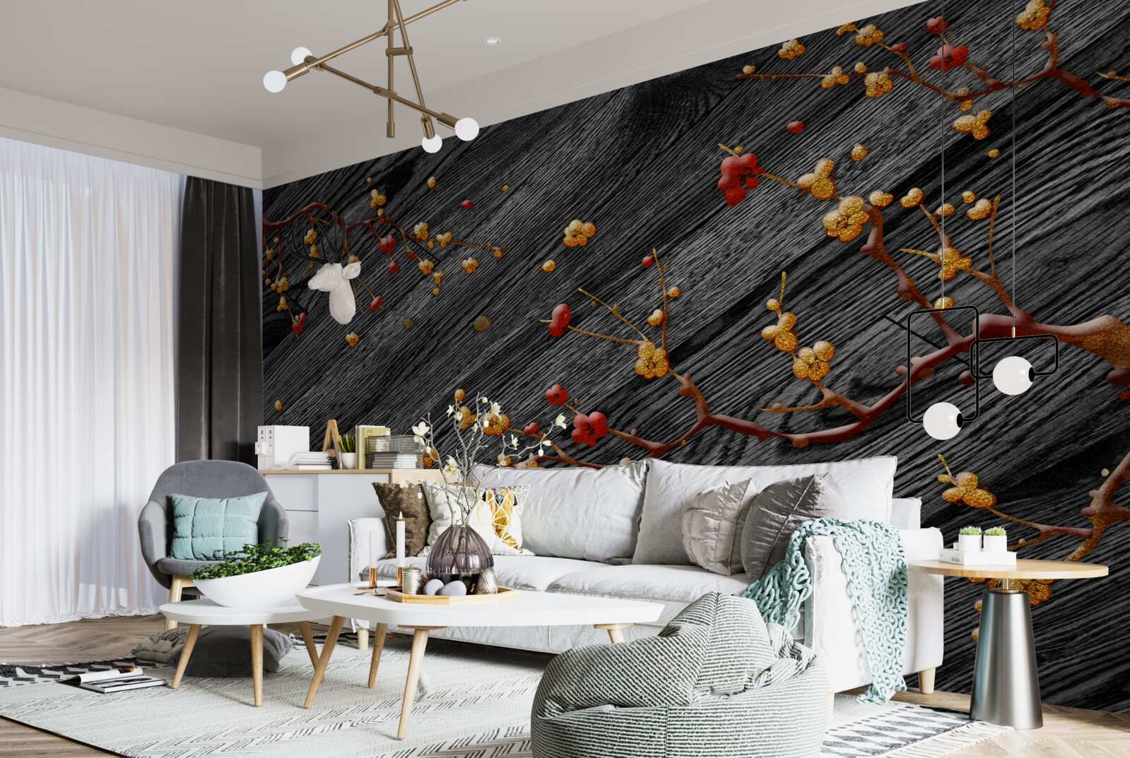 Papier peint branche de magnolia, dorée après le coucher du soleil