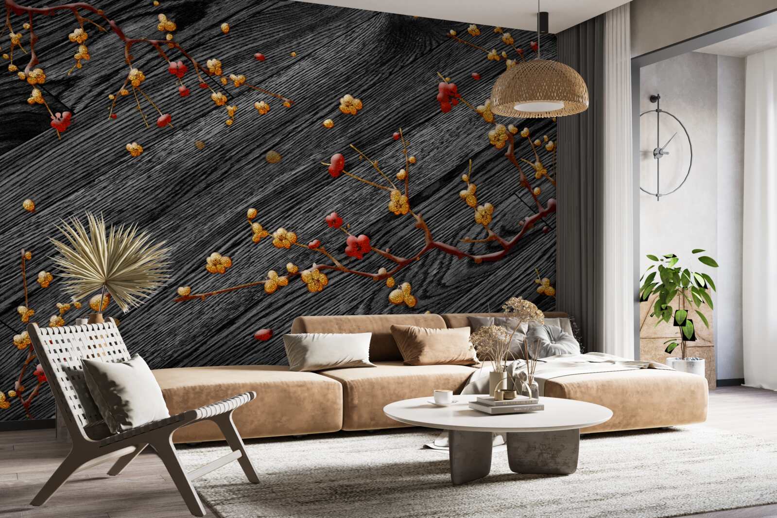 Papier peint branche de magnolia, dorée après le coucher du soleil