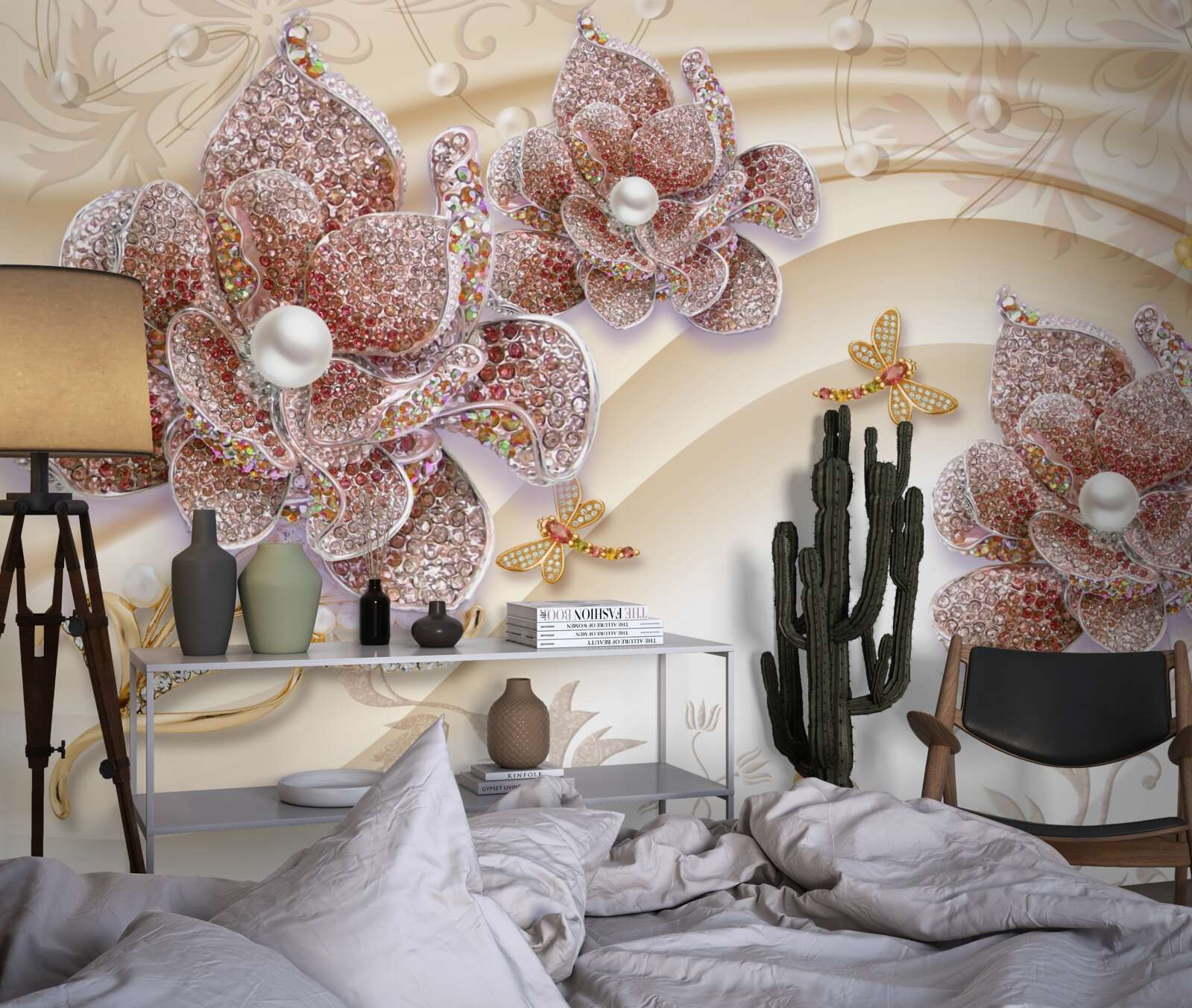 Papier peint composition de fleurs de perles et de papillons