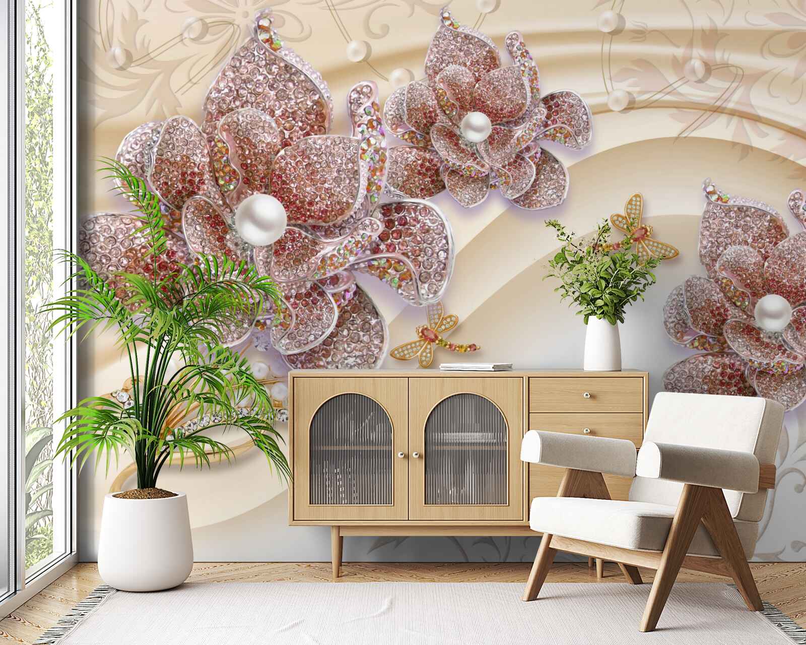 Papier peint composition de fleurs de perles et de papillons