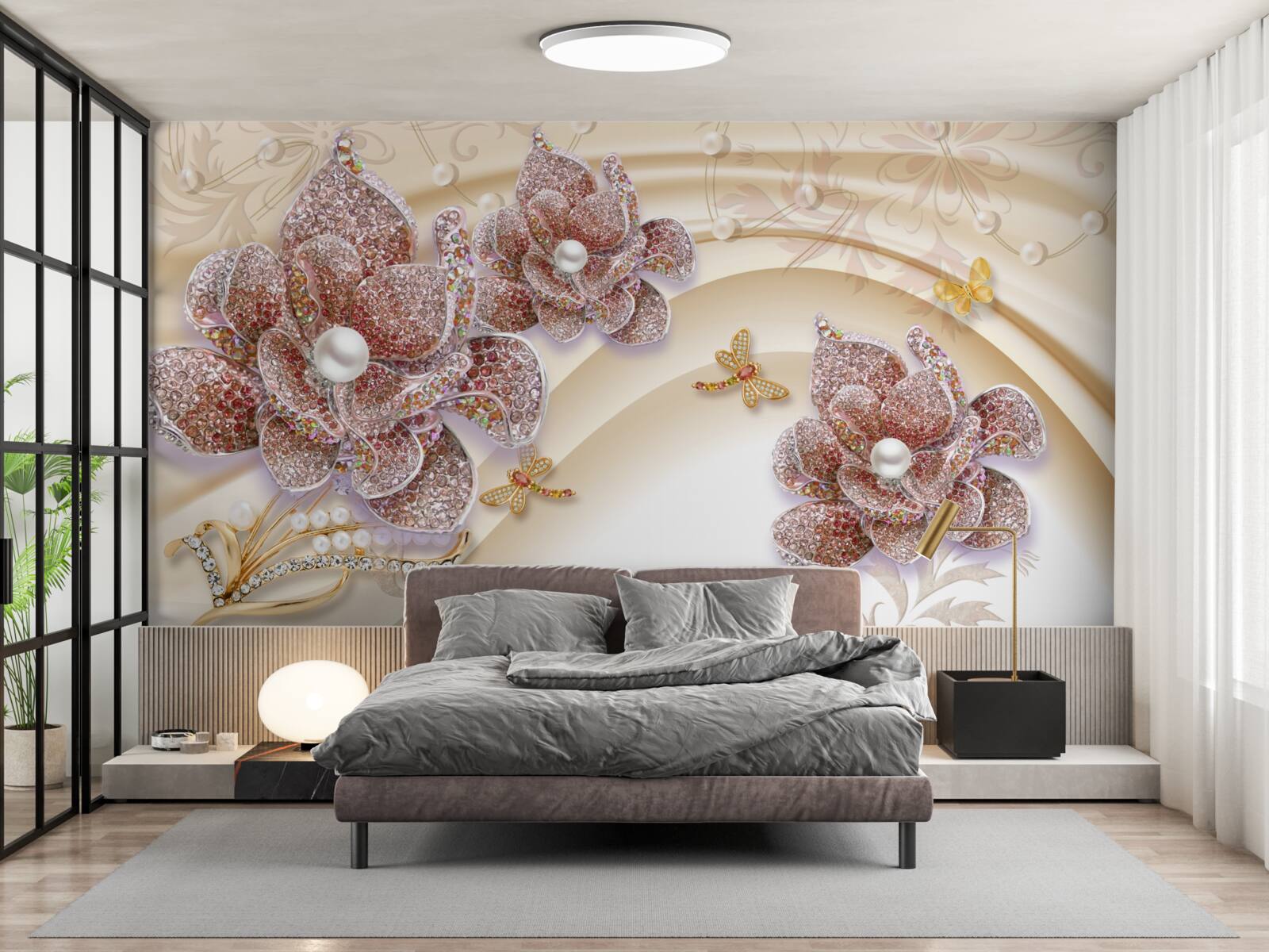 Papier peint composition de fleurs de perles et de papillons