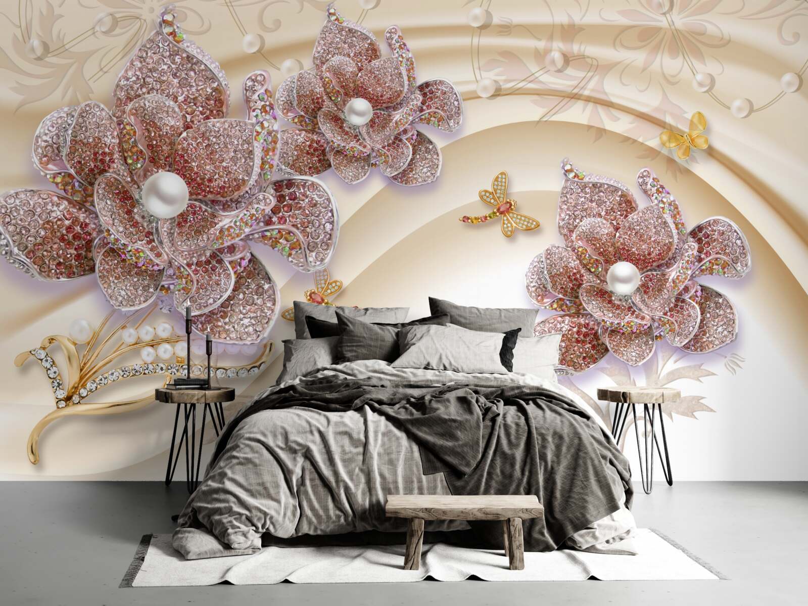 Papier peint composition de fleurs de perles et de papillons