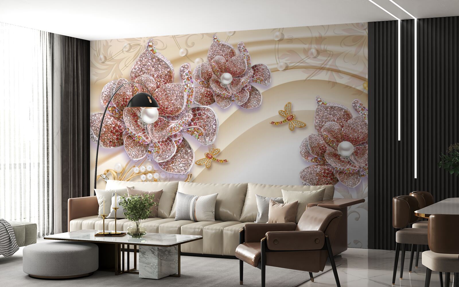 Papier peint composition de fleurs de perles et de papillons