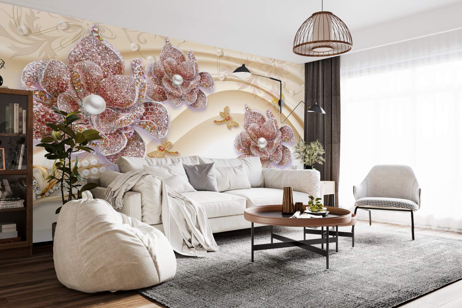 Papier peint composition de fleurs de perles et de papillons