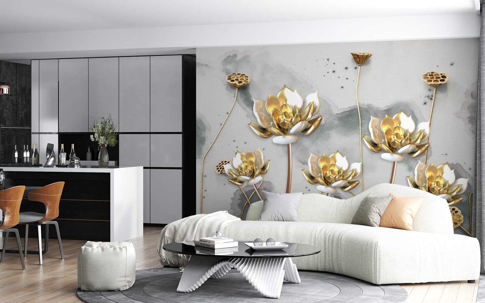 Papier peint fleurs dorées sur des tiges gracieuses