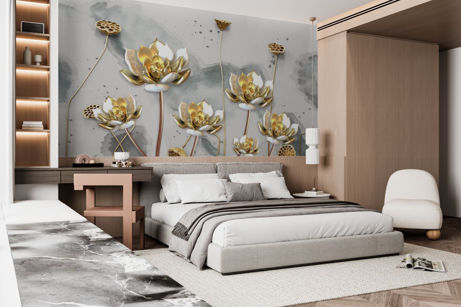 Papier peint fleurs dorées sur des tiges gracieuses