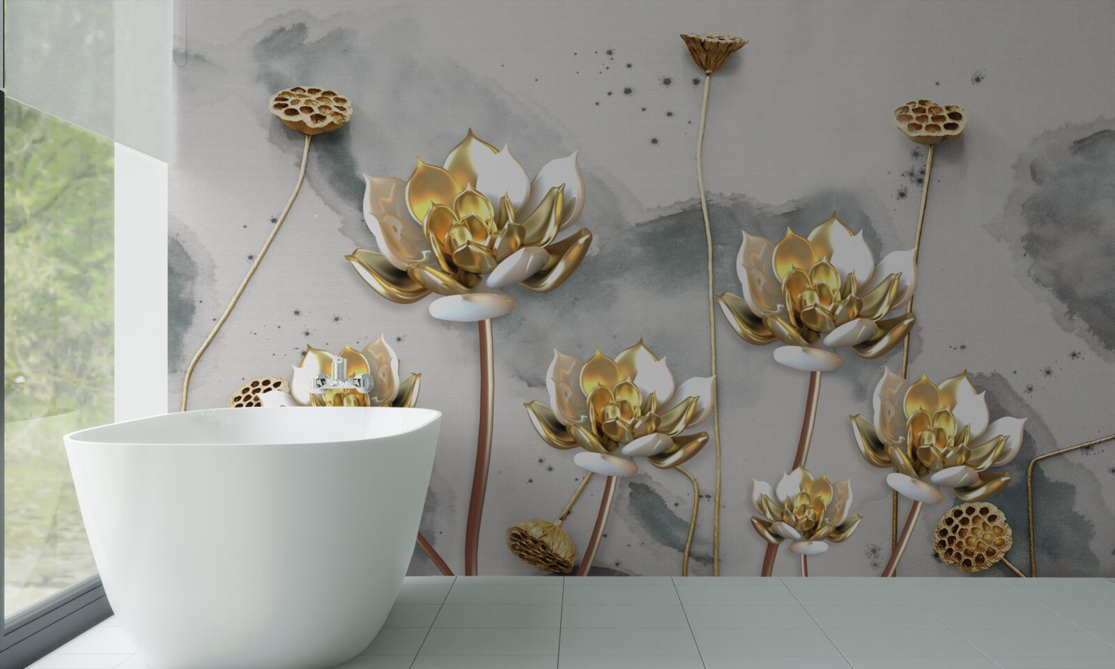 Papier peint fleurs dorées sur des tiges gracieuses