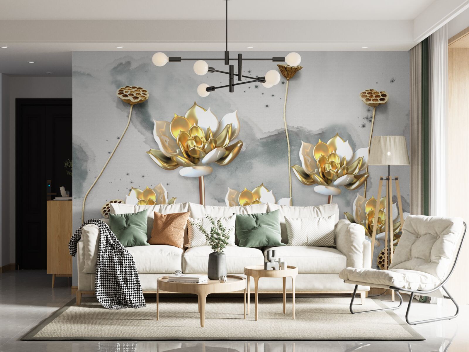 Papier peint fleurs dorées sur des tiges gracieuses