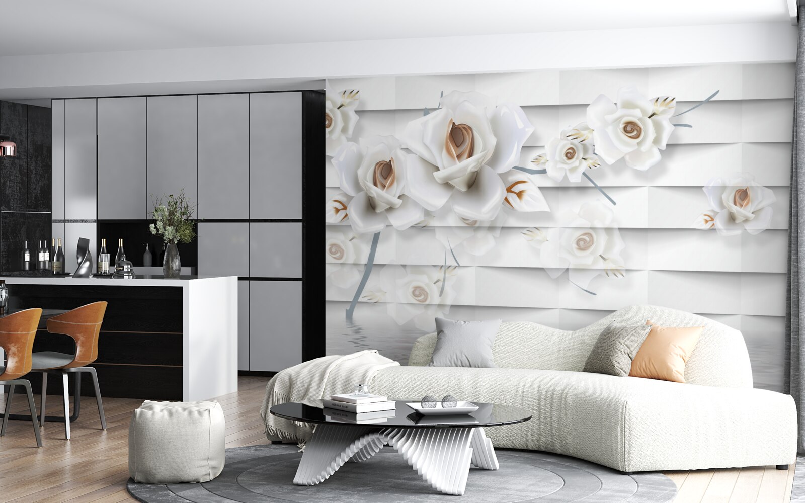 Papier peint l'eau calme est parsemée de fleurs blanches