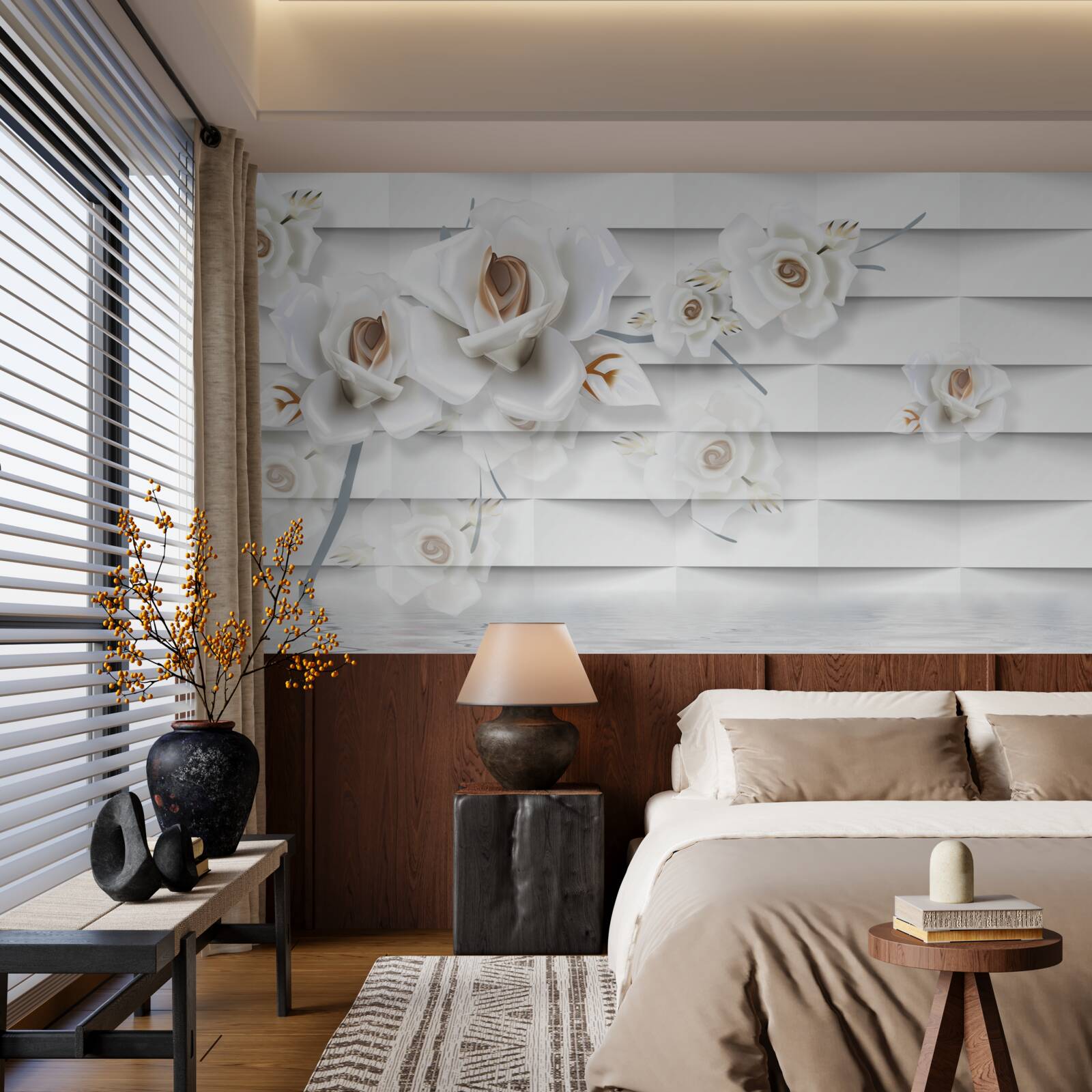 Papier peint l'eau calme est parsemée de fleurs blanches