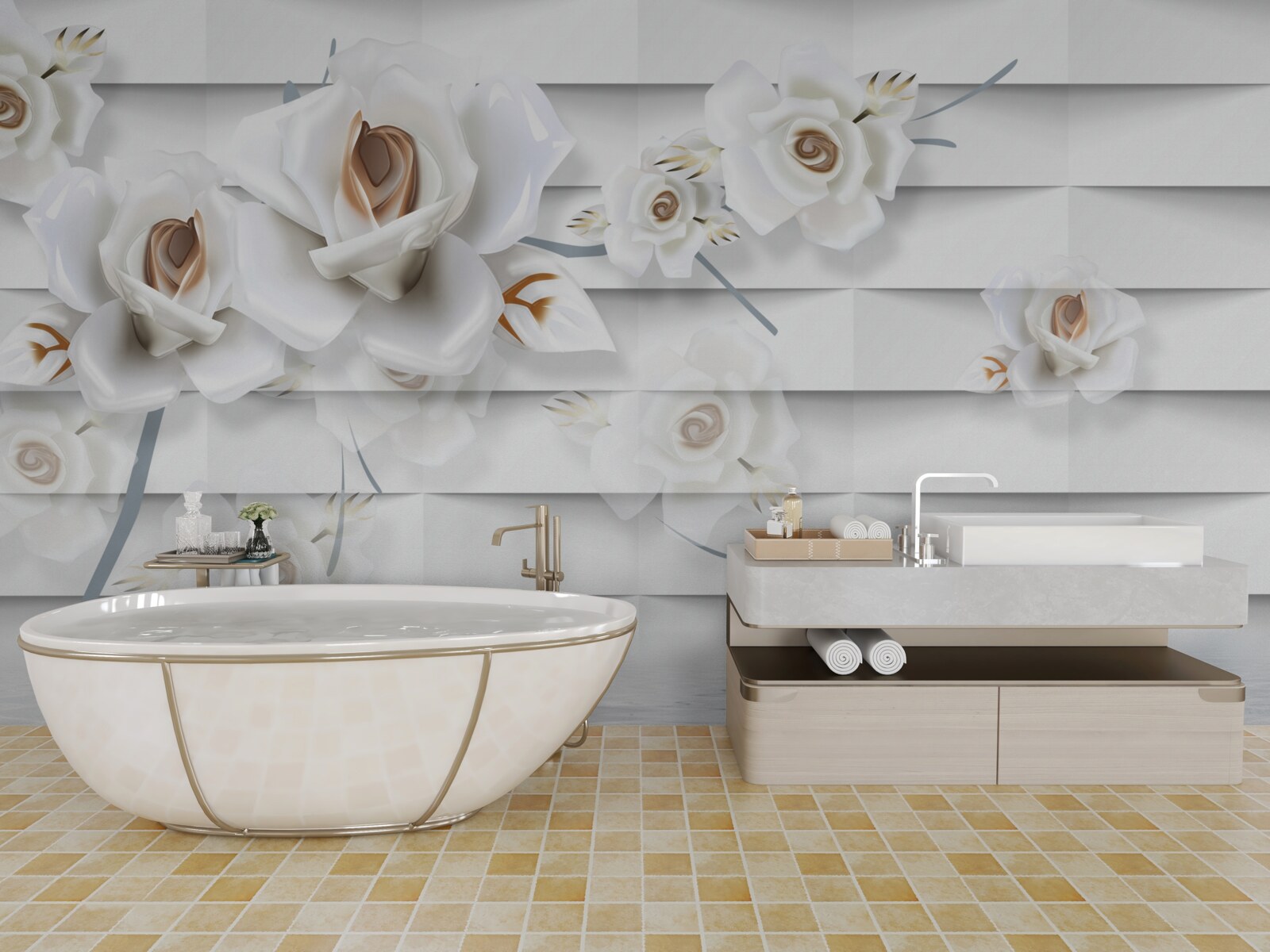 Papier peint l'eau calme est parsemée de fleurs blanches