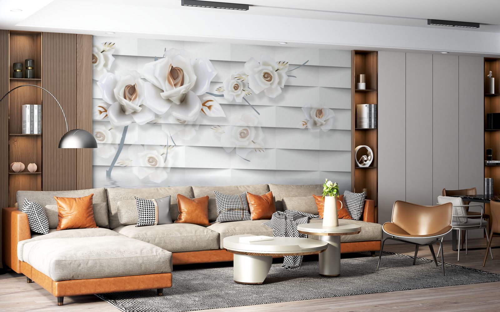 Papier peint l'eau calme est parsemée de fleurs blanches