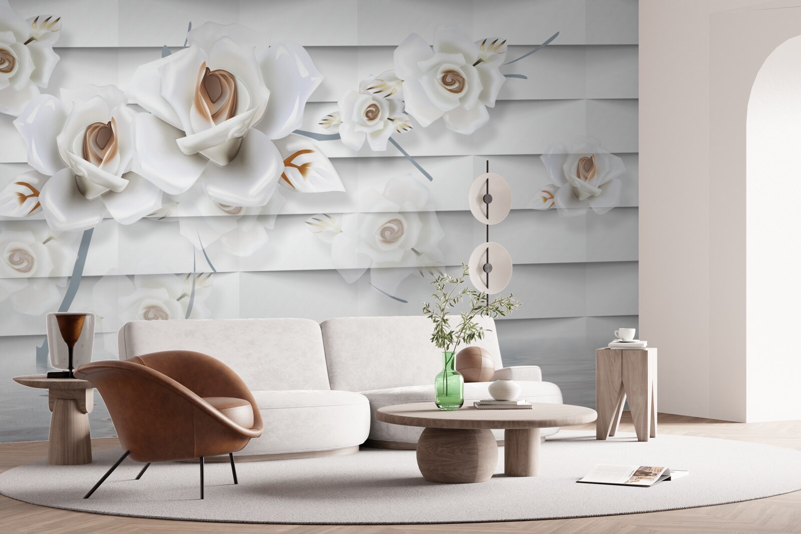 Papier peint l'eau calme est parsemée de fleurs blanches