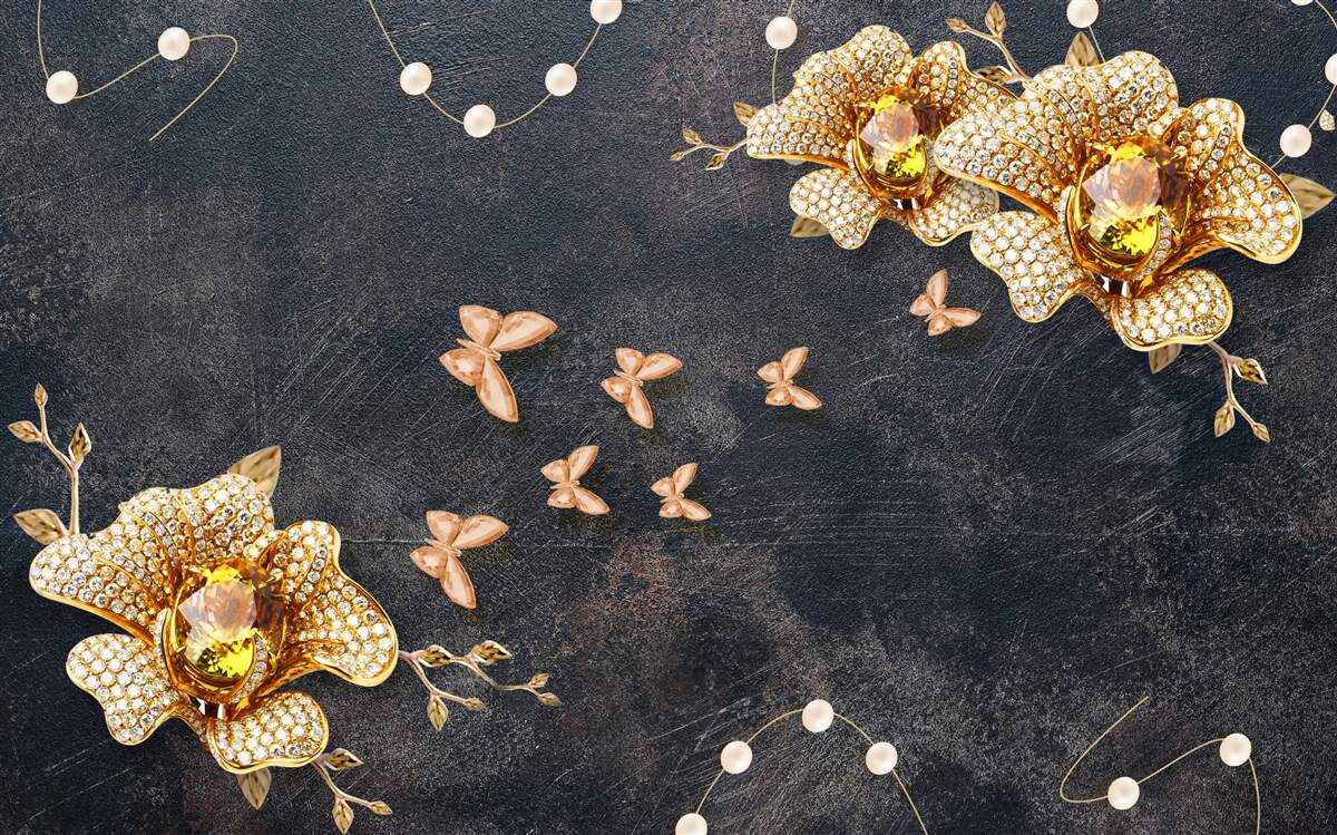 Papier peint le soir, les papillons décorent les fleurs dorées