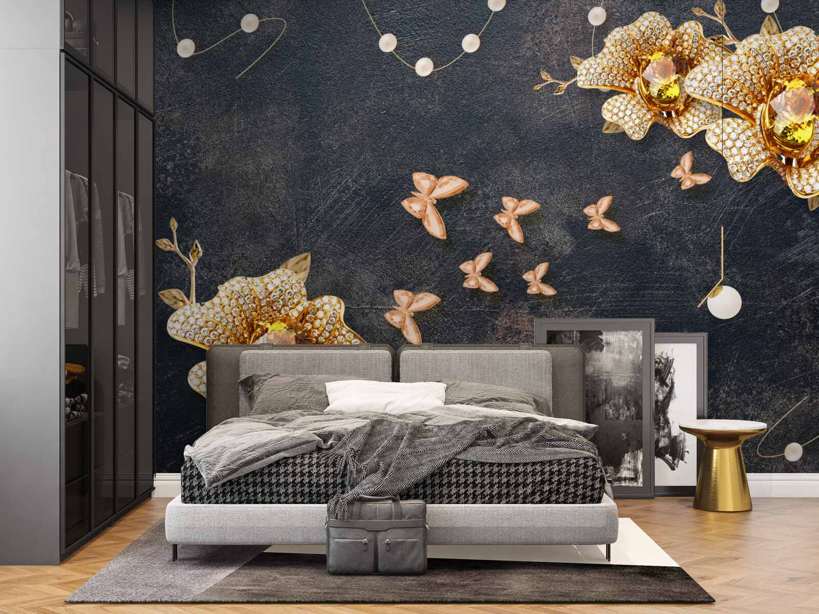 Papier peint le soir, les papillons décorent les fleurs dorées