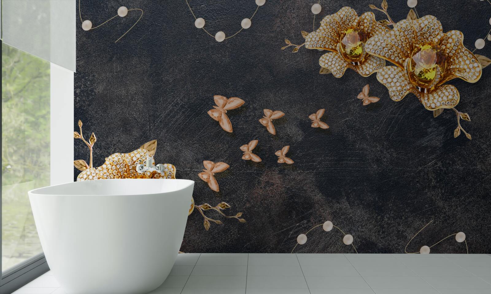 Papier peint le soir, les papillons décorent les fleurs dorées