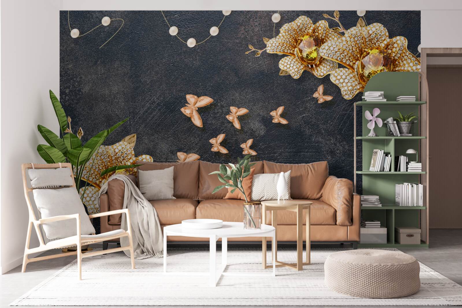 Papier peint le soir, les papillons décorent les fleurs dorées