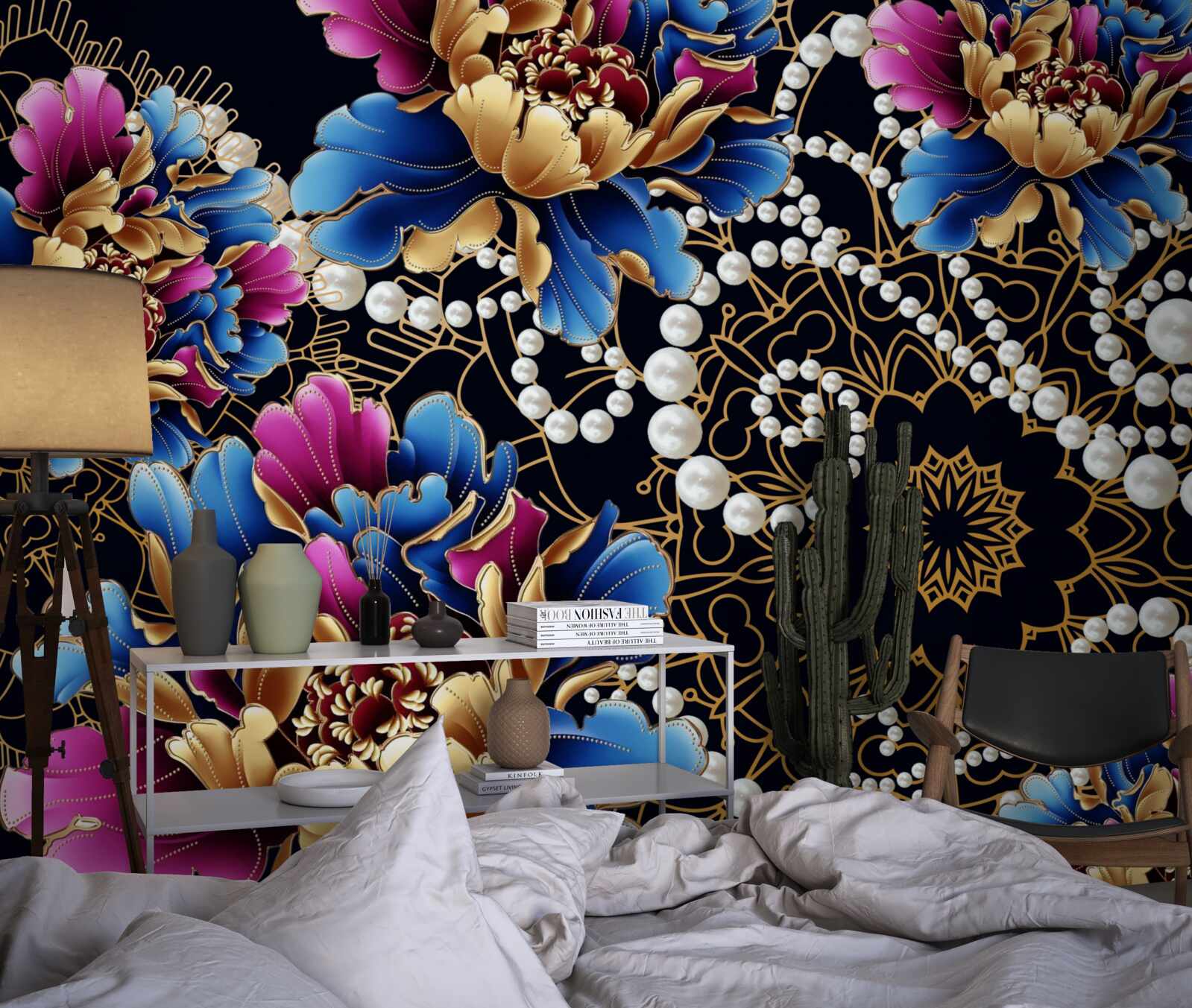 Papier peint bijoux et fleurs créent un ensemble abstrait