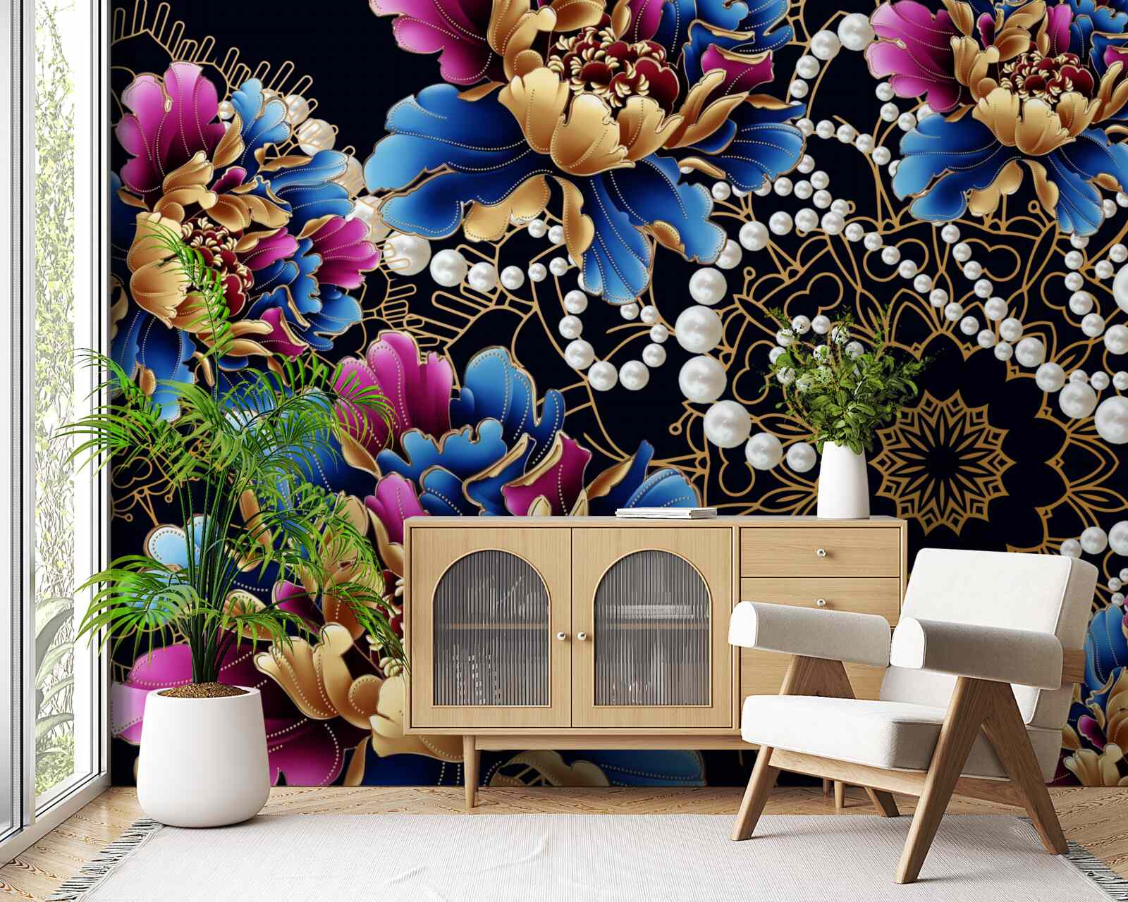 Papier peint bijoux et fleurs créent un ensemble abstrait