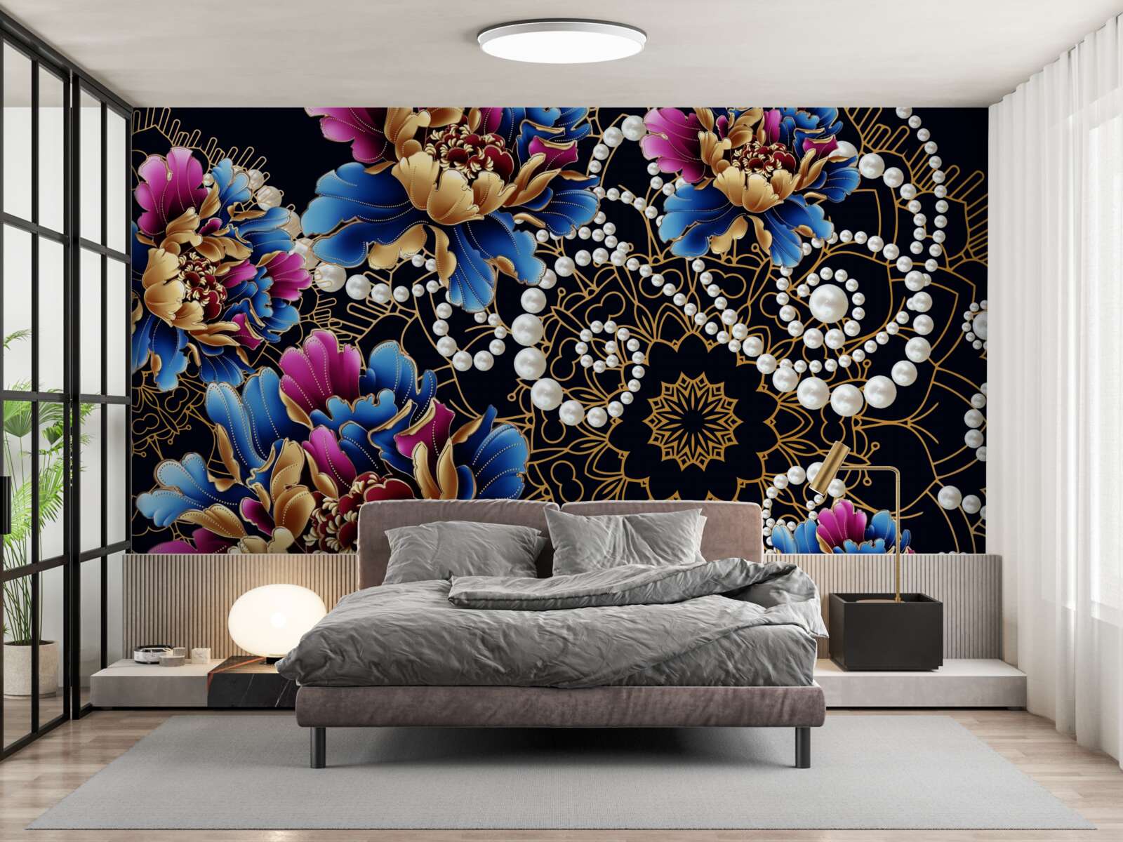 Papier peint bijoux et fleurs créent un ensemble abstrait