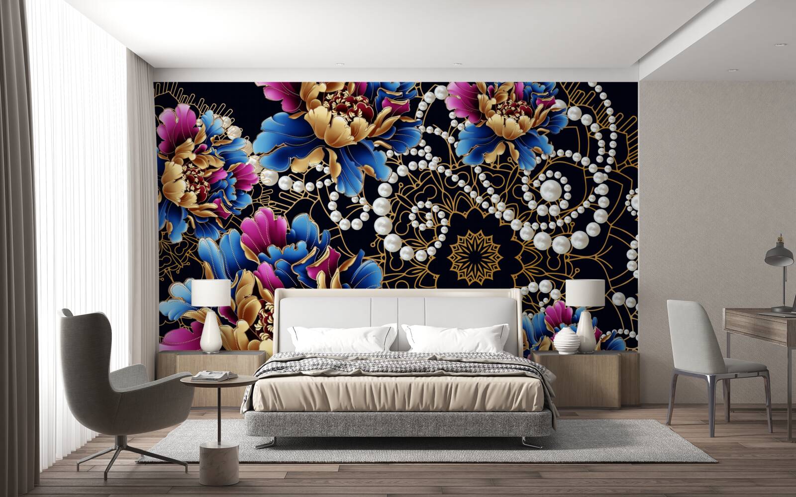 Papier peint bijoux et fleurs créent un ensemble abstrait