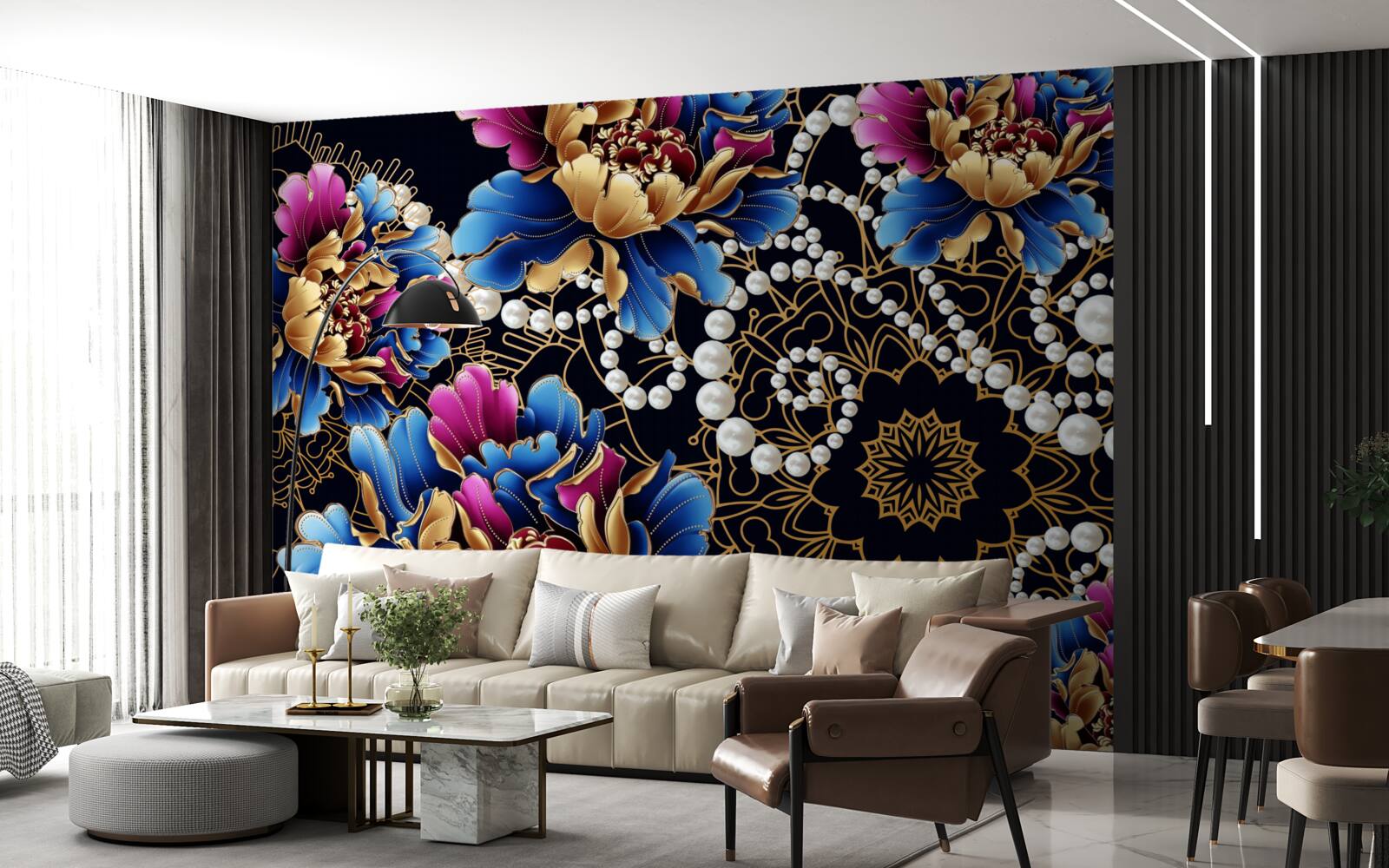 Papier peint bijoux et fleurs créent un ensemble abstrait