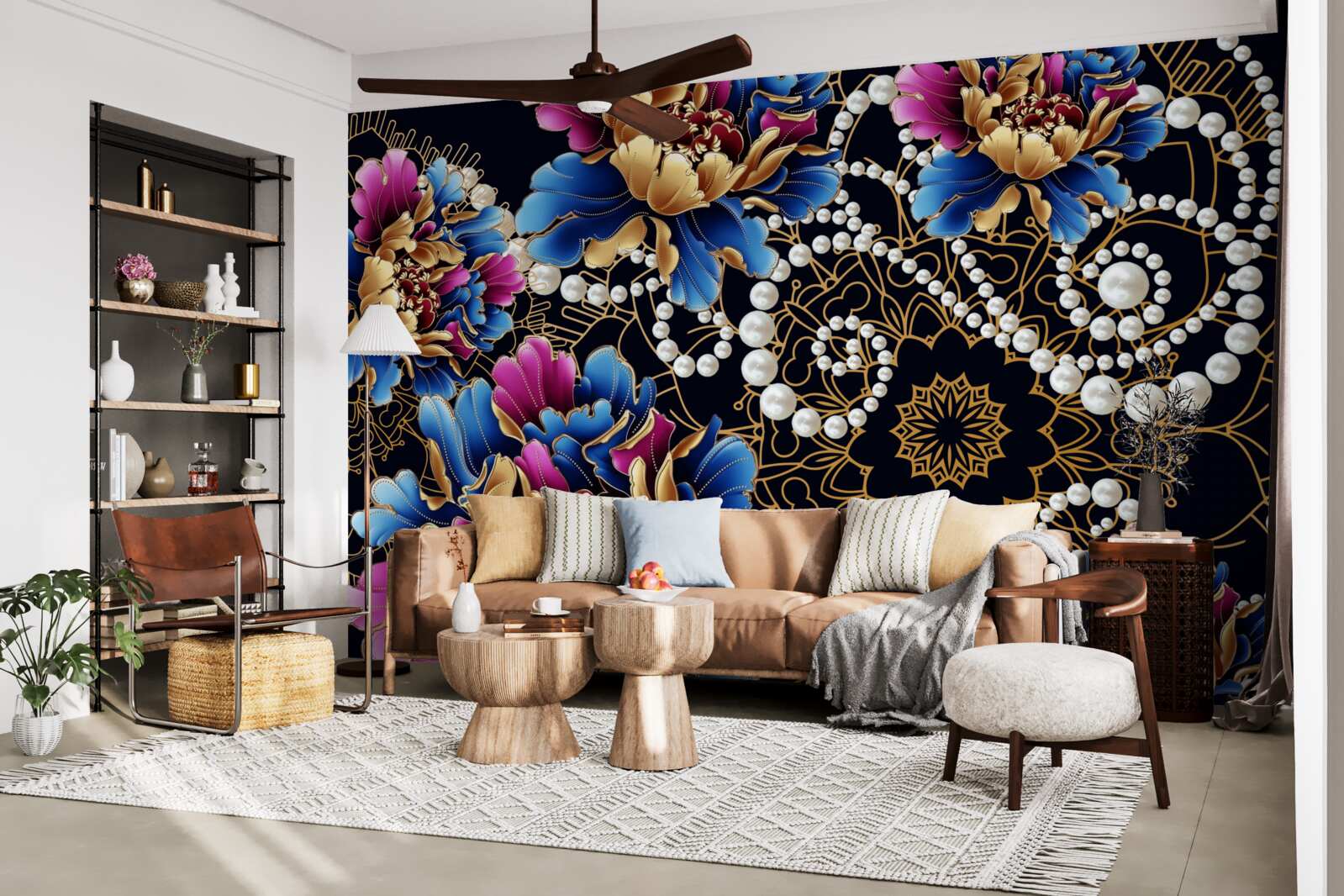 Papier peint bijoux et fleurs créent un ensemble abstrait