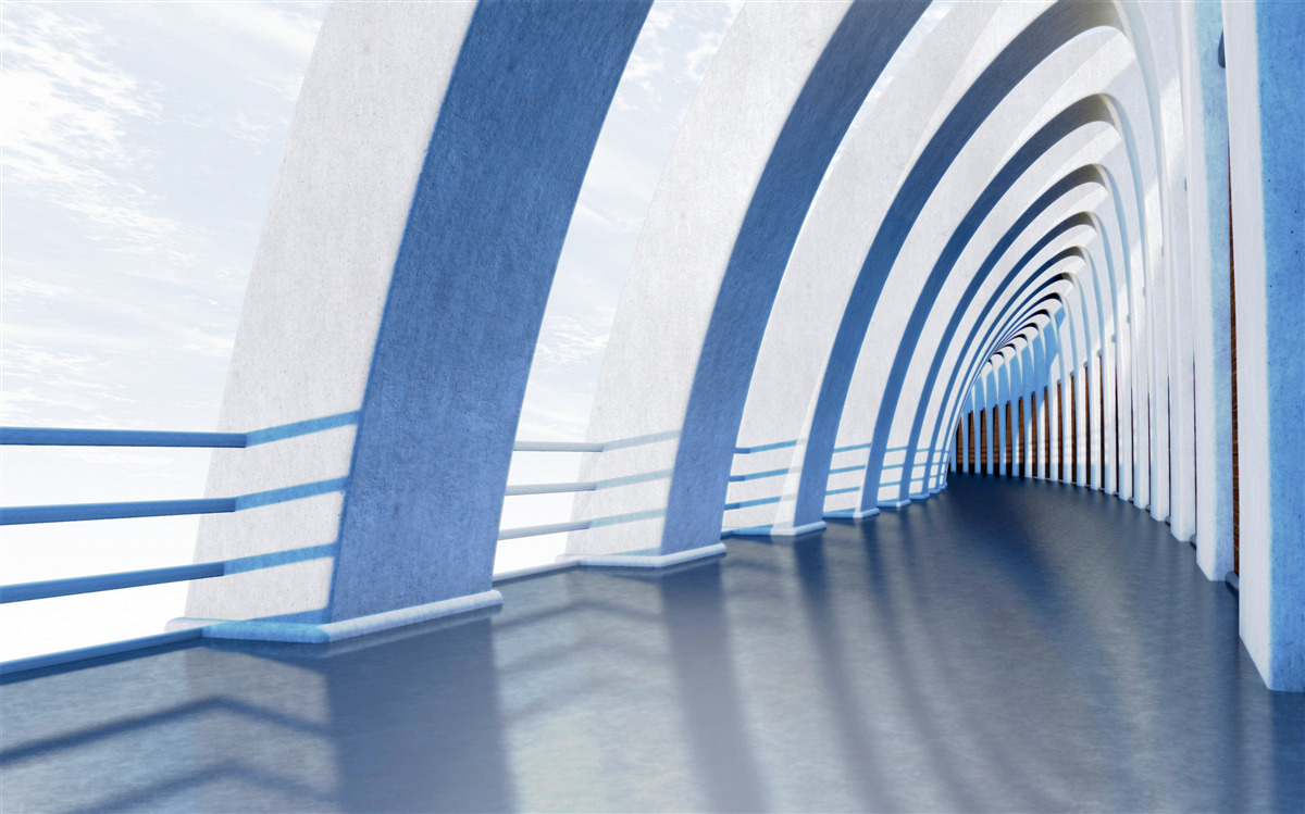 Papier peint passage entouré de colonnes sous un ciel lumineux