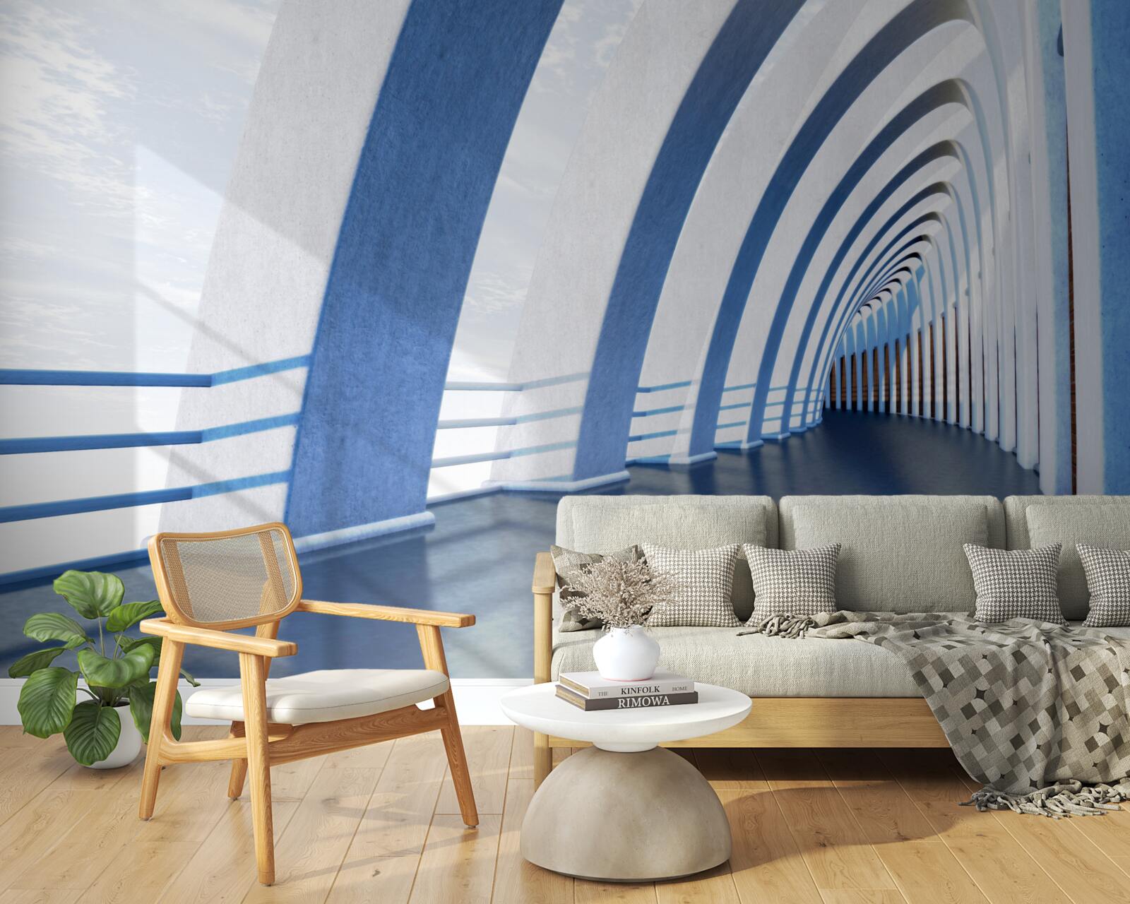 Papier peint passage entouré de colonnes sous un ciel lumineux