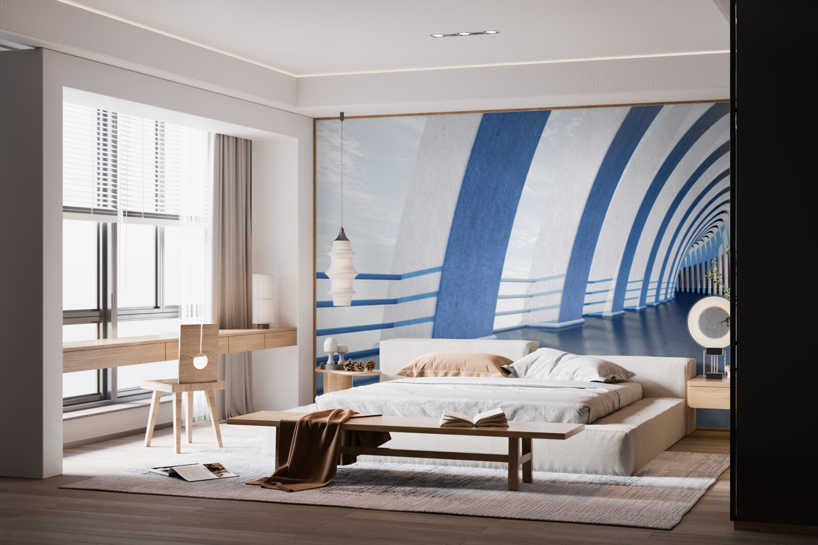 Papier peint passage entouré de colonnes sous un ciel lumineux