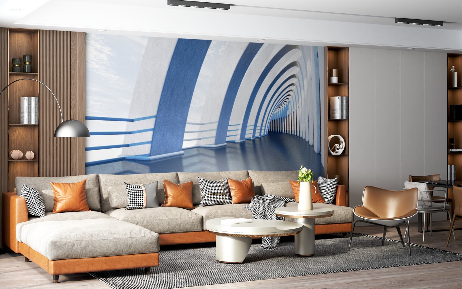 Papier peint passage entouré de colonnes sous un ciel lumineux